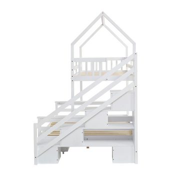 Flieks Etagenbett, Hausbett Kinderbett mit Stauraumtreppe, 2 Schubladen 90x200+140x200cm