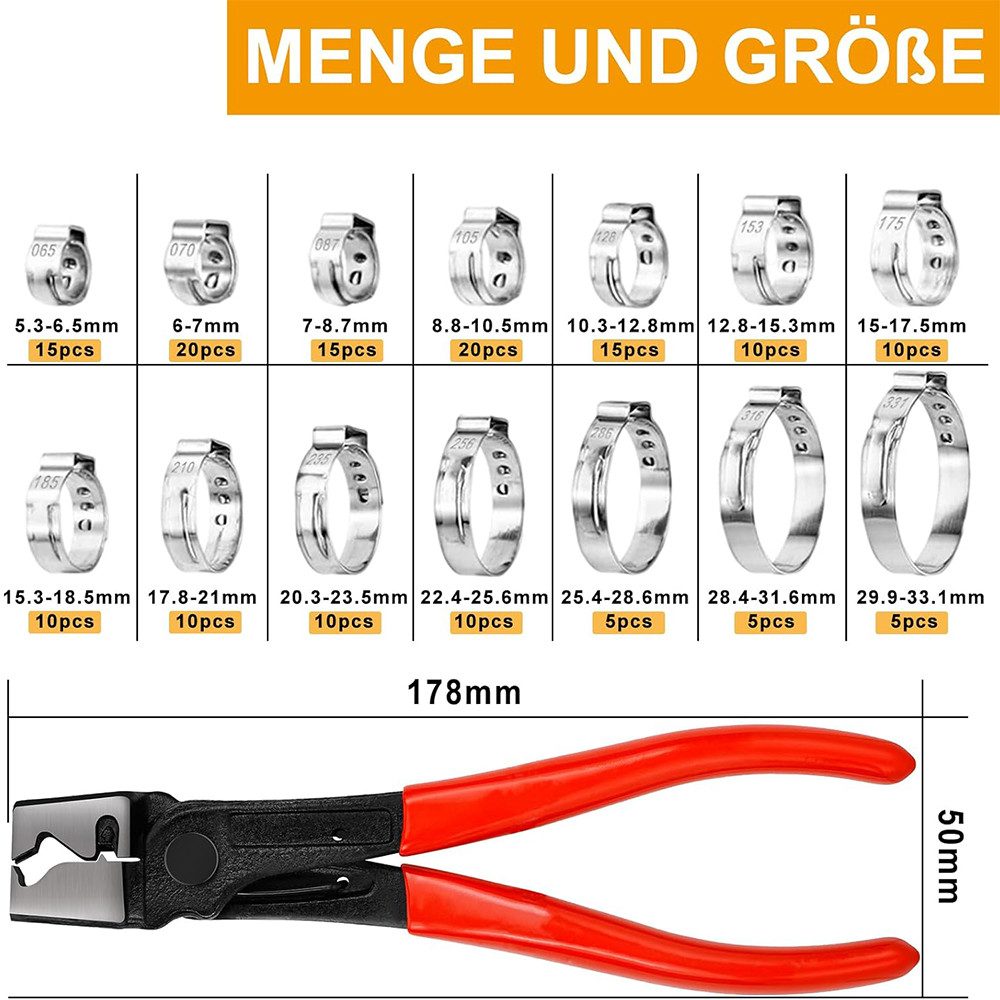 AFKSMILE Schlauchschelle 160 Stück Einohr-Schlauchschellen aus Edelstahl mit Schlauchklemmzange, (160-St), 14 Größen (5.3-33.1mm) Rohr-Schlauchschelle Kraftstoffleitung Clip
