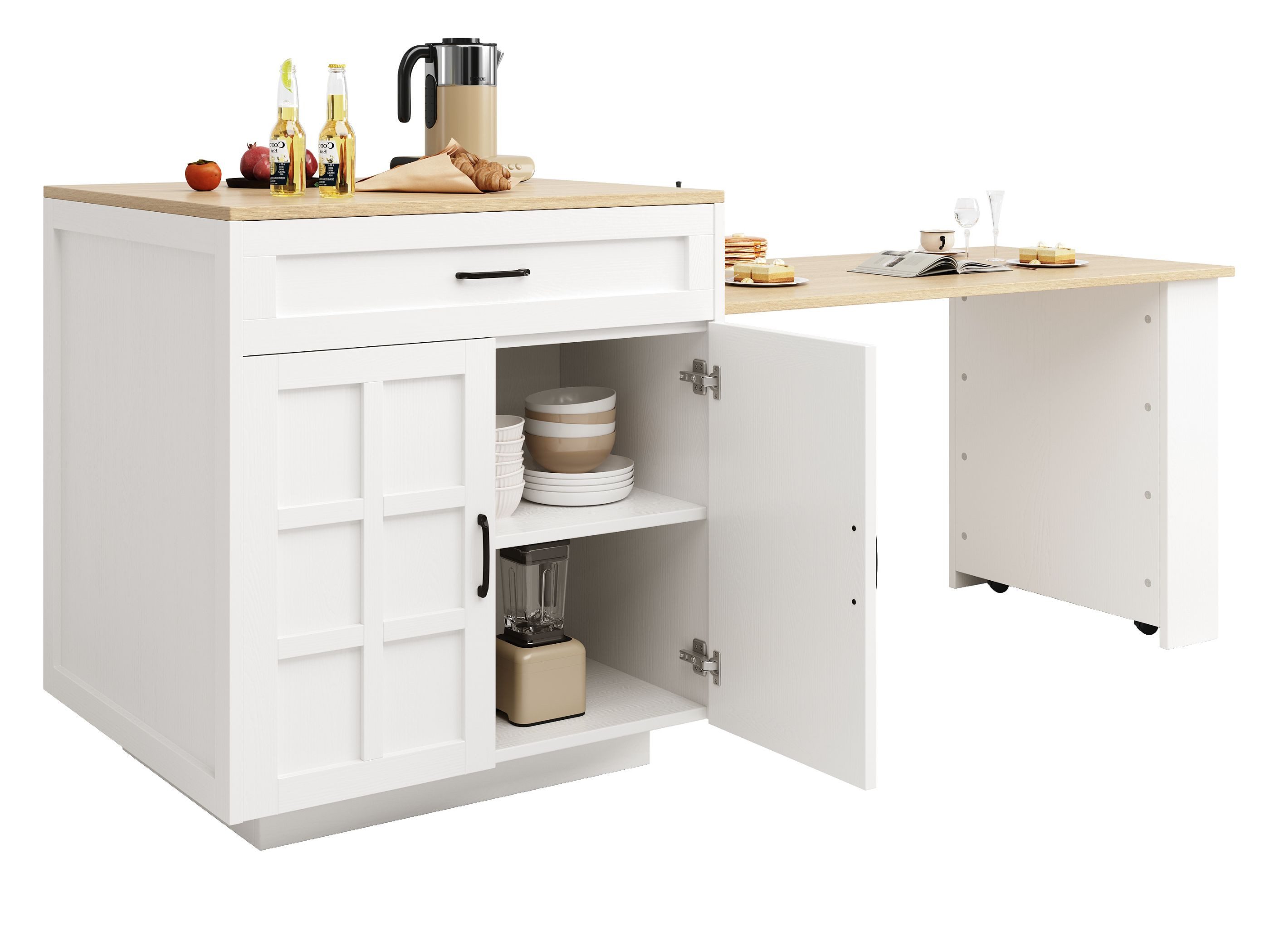 SeedWave Bartisch mit ausziehbarer Tischplatte 133-202 cm, Sitzplätze für 2-6, großer 230L Stauraum mit Schublade, Seitenablagen für Wein und Gewürze