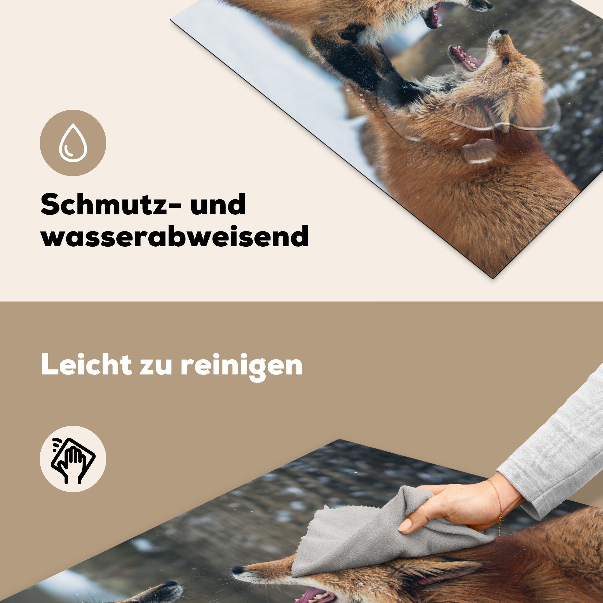 MuchoWow Herdblende-/Abdeckplatte Fuchs tlg), Spielend - Induktionskochfeld Ceranfeldabdeckung für Schutz cm, Vinyl, - 81x52 küche, Schnee, die (1
