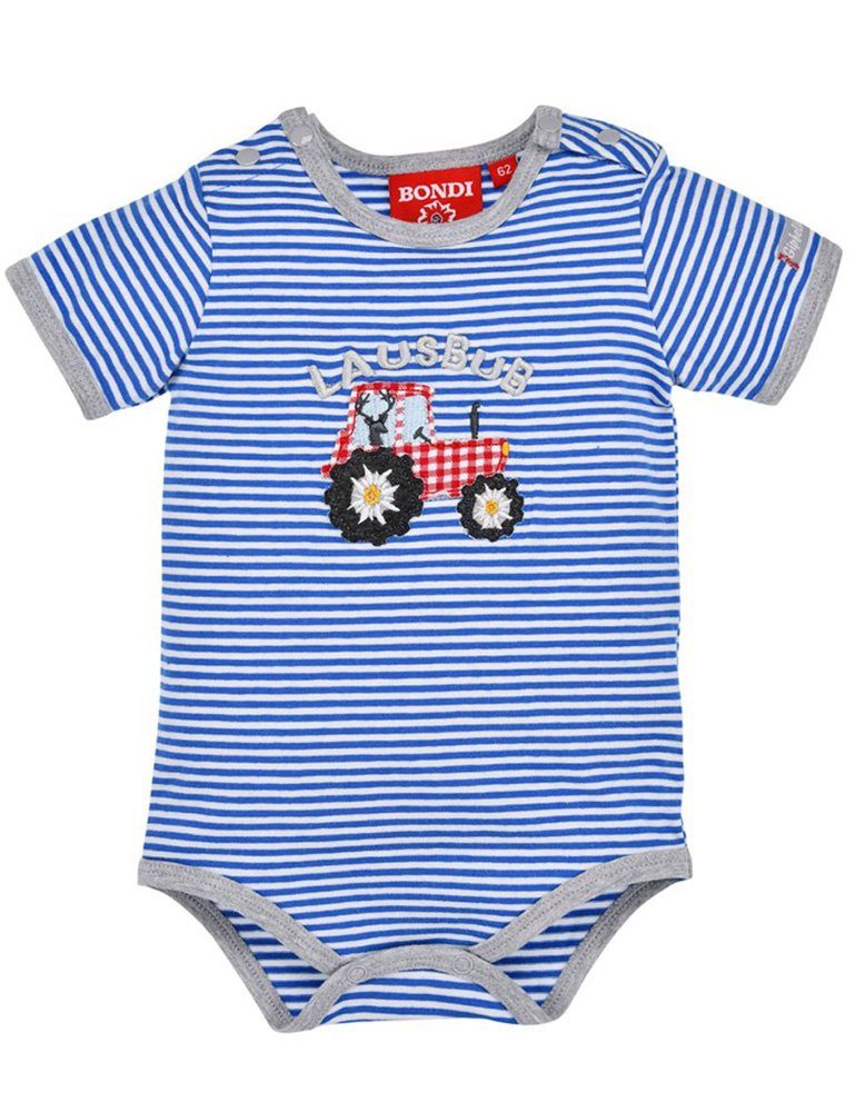 BONDI Strampler Baby Kurzarm Body 'Traktor' Gest 91527, Blau Weiß