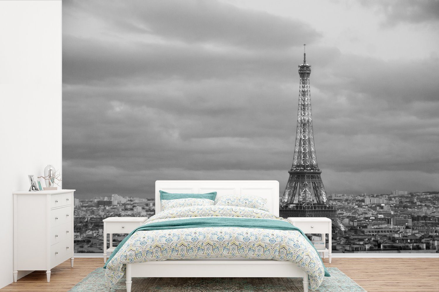 MuchoWow Fototapete Beleuchteter Eiffelturm in der Abenddämmerung, Matt, bedruckt, (6 St), Wallpaper für Wohnzimmer, Schlafzimmer, Kinderzimmer, Vinyl Tapete
