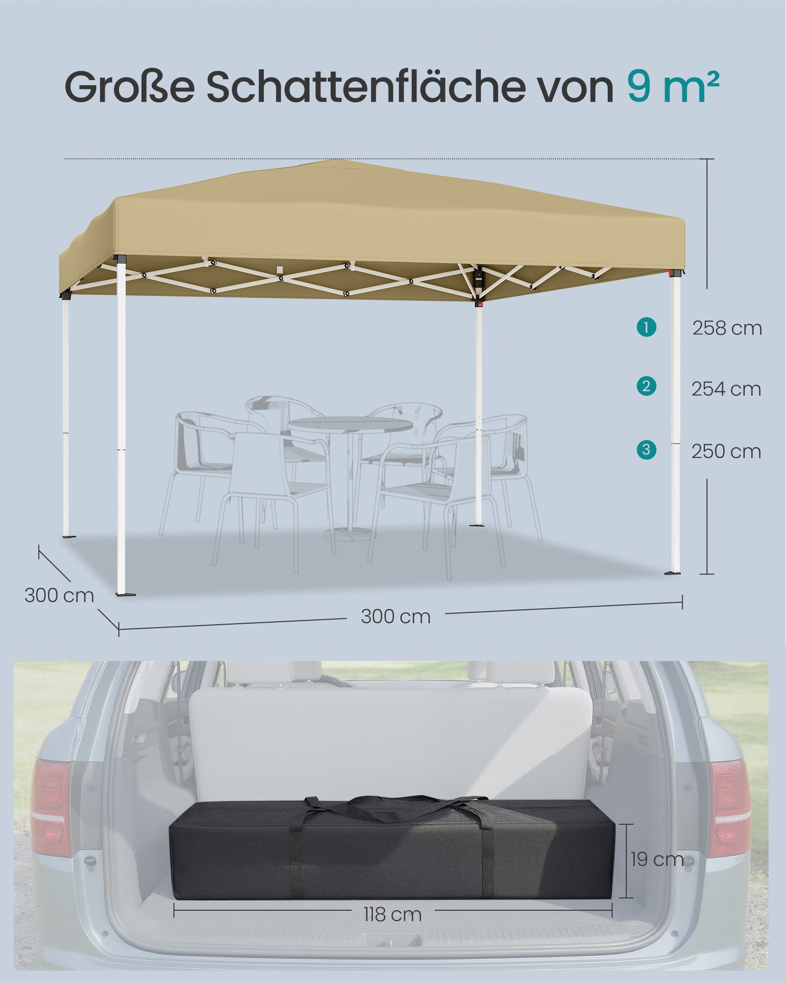 SONGMICS Pavillon 3 x 3m Pavillon für Garten, Faltzelt, mit 0 Seitenteilen, stabil, tragbar, Hof, Markt, Sonnenschutz – Bild 5 von 5