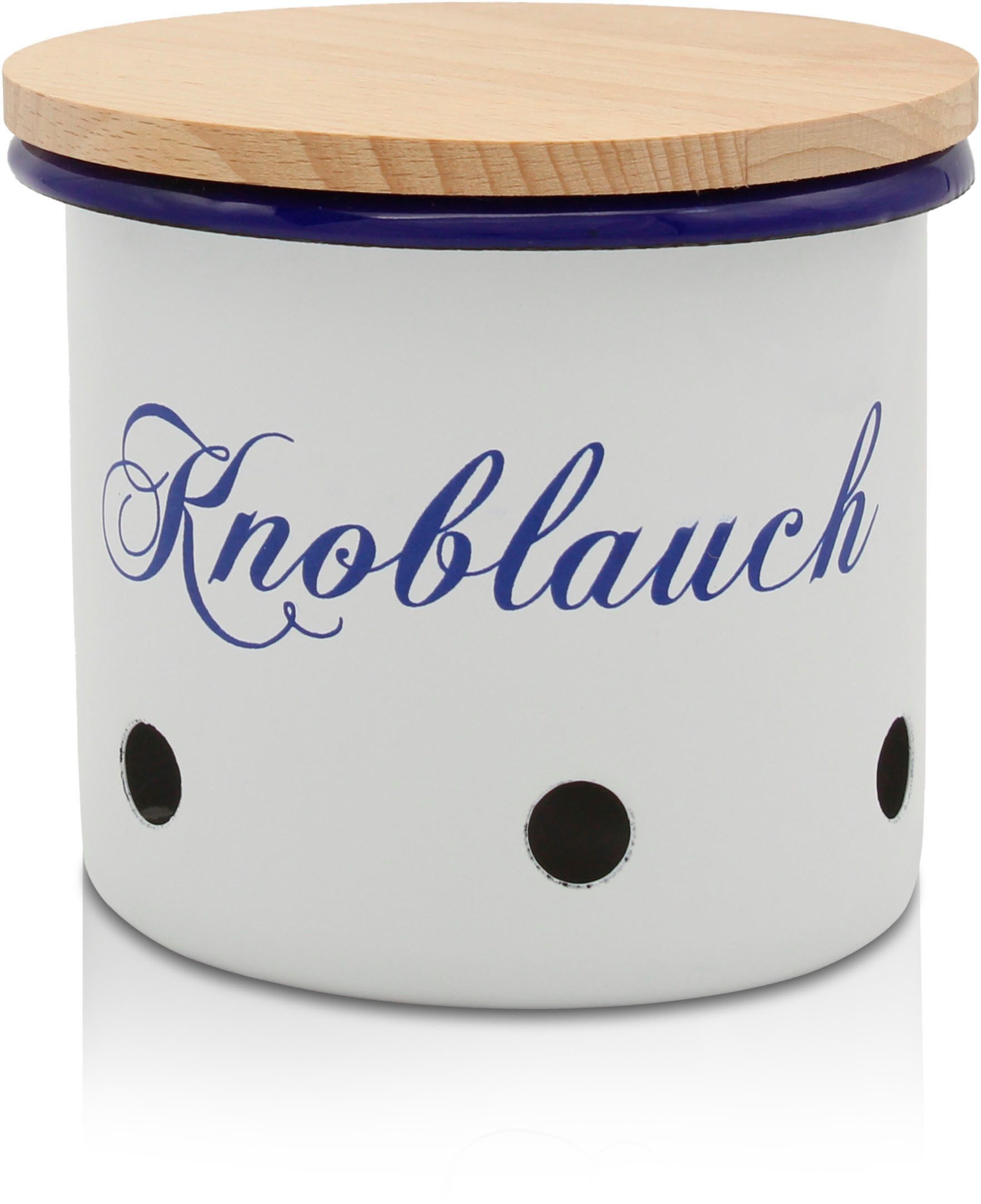 Krüger Vorratsdose Emaille Vorratsdose Husum für Knoblauch mit Holzdeckel, 10 cm, Emaille, (1-tlg), schnitt-/kratzfeste Oberfläche, Bakterienabweisend, extrem langlebig