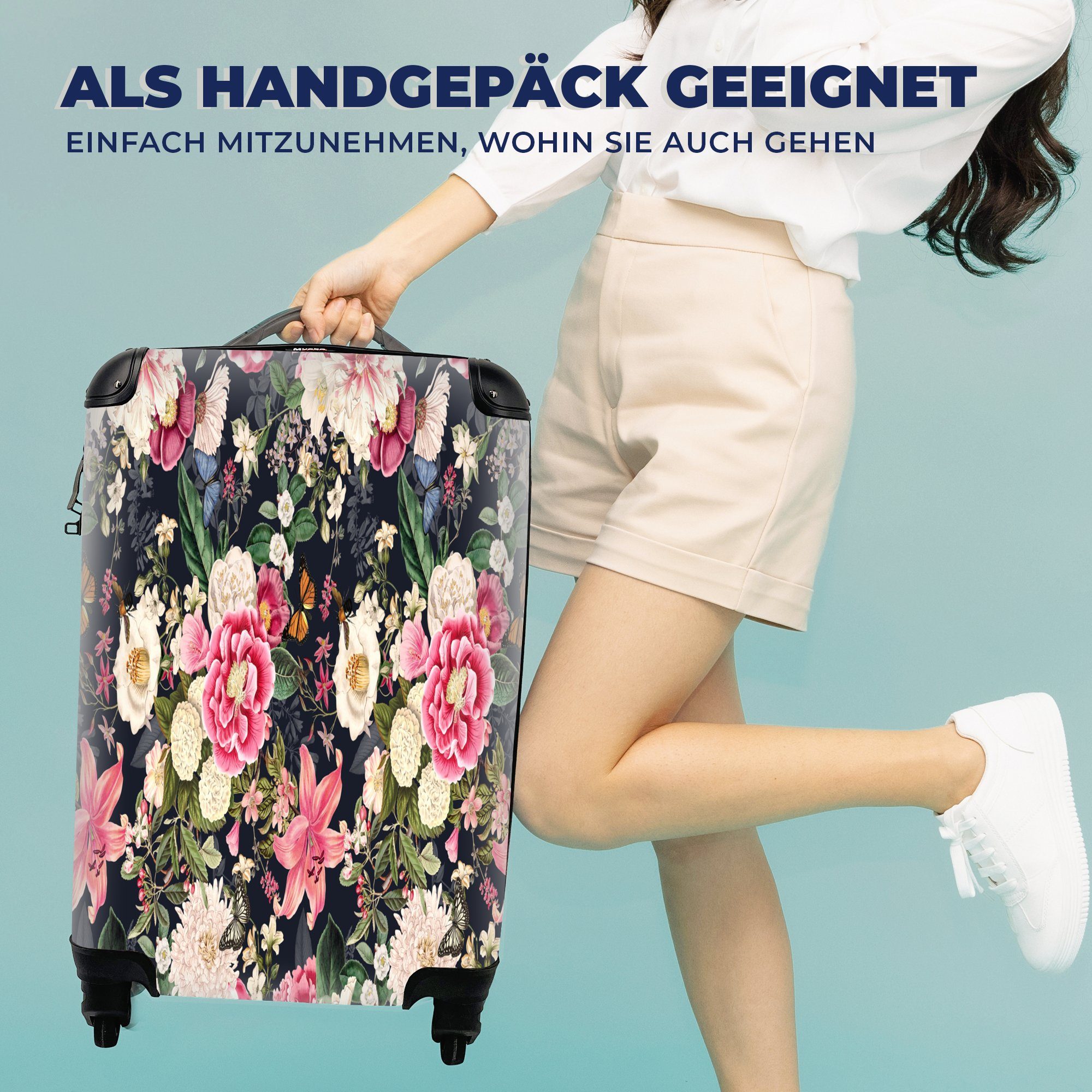 Lilie Trolley, Collage, Handgepäckkoffer MuchoWow - Reisekoffer - Ferien, Blumen mit - für Reisetasche rollen, Anemone 4 Rollen, Handgepäck