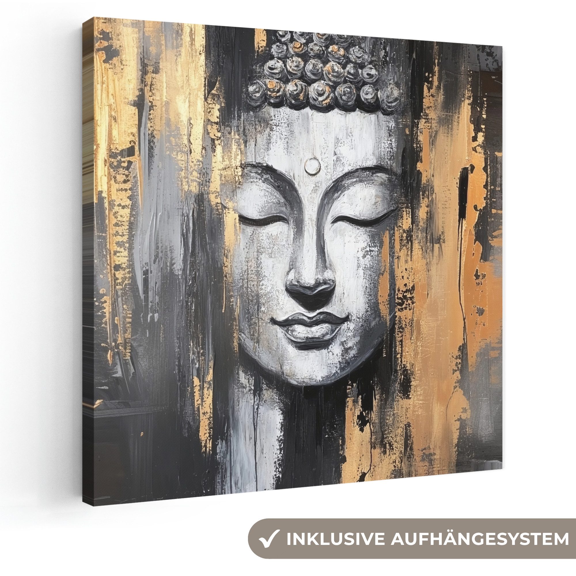 OneMillionCanvasses® Leinwandbild Buddha - Pinselstriche - Gold - Abstrakt, Fotodruck (1 St), Wandbild, Deko Schlafzimmer Wohnzimmer Flur 20x20 cm