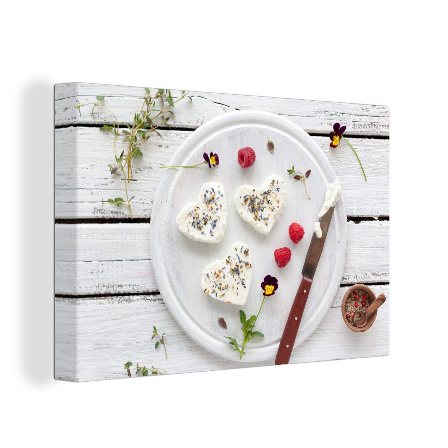 Wanddeko, OneMillionCanvasses® Wandbild cm 30x20 St), (1 Ziegenkäse Leinwandbilder, und Leinwandbild Ein mit Himbeeren, Kräutern Aufhängefertig,