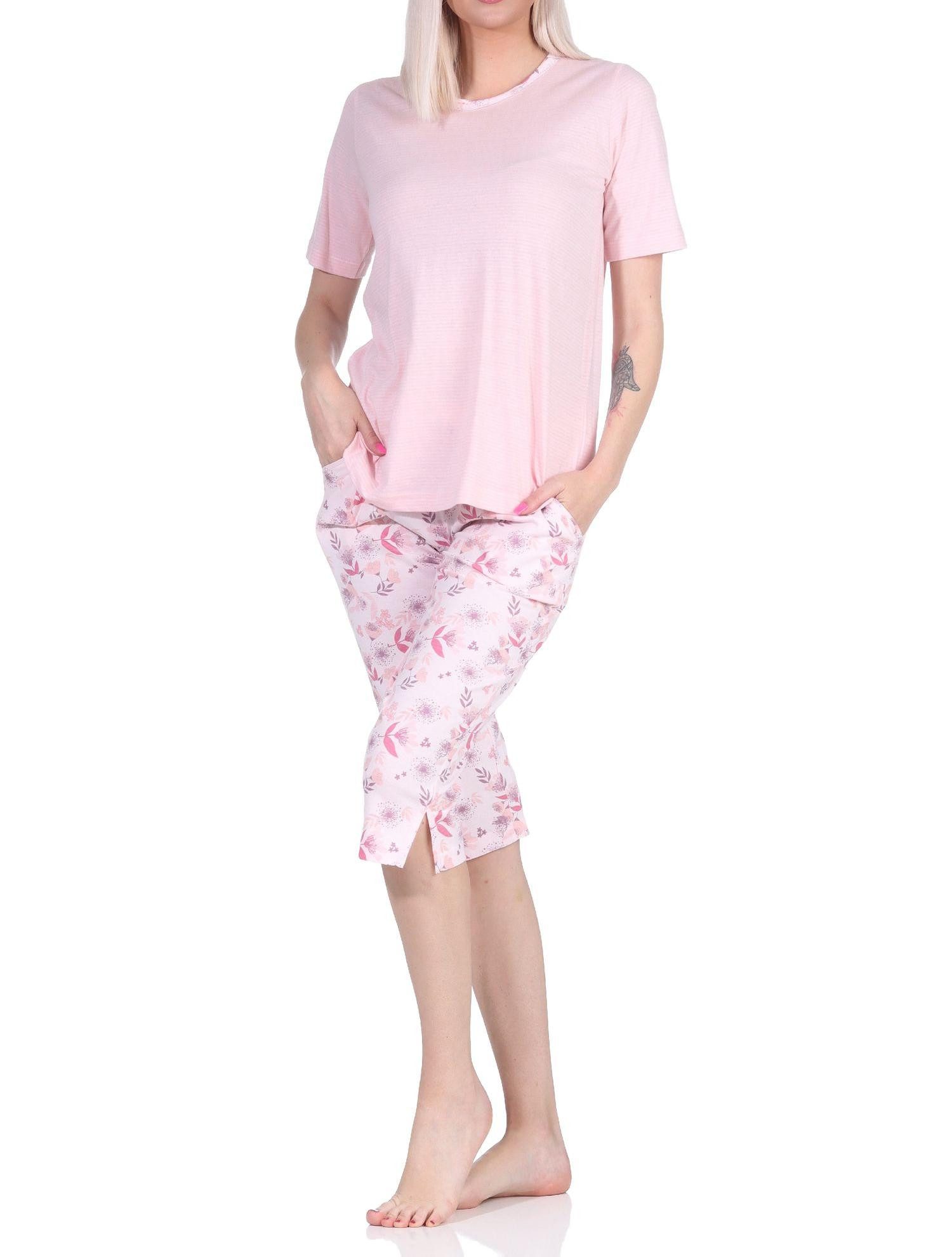 Normann Pyjama Damen Schlafanzug kurzarm mit Capri-Hose und Spitze