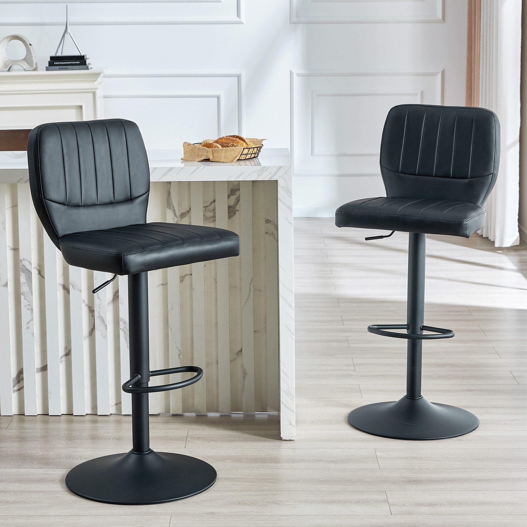 STILVORA Barhocker höhenverstellbar Esszimmerstuhl mit Rückenlehne & Fußstütze (Höhenverstellbar 62–83cm, Kunstleder, 136kg, 360° drehbar, Fußstütze, gepolstert, ergonomische Lehne), für Küche, Bar, Bistro, Café und Lounge geeignet