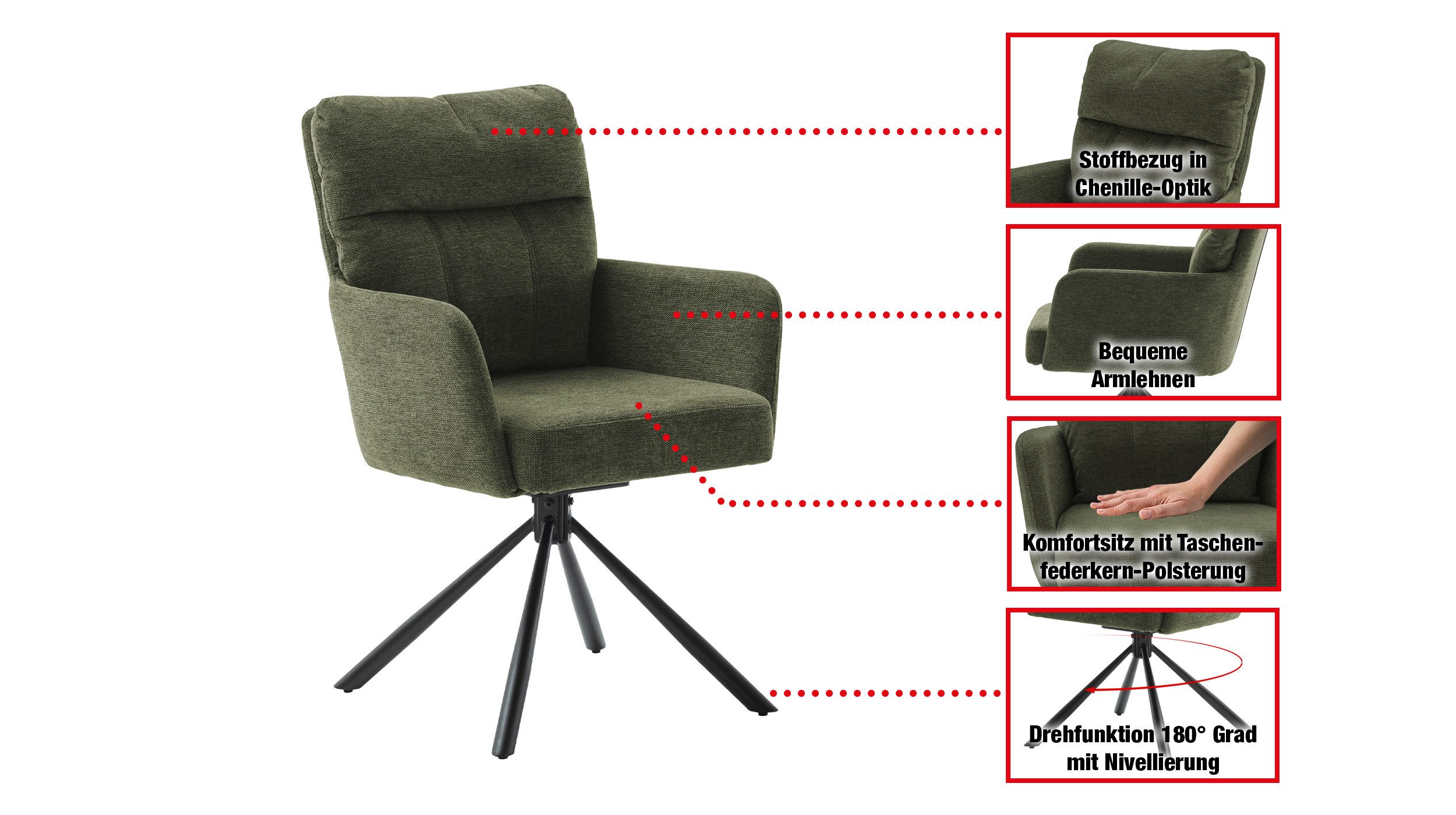 Massivart® Polsterstuhl drehbar, Esszimmerstuhl mit Taschenfederkern, Cheni günstig online kaufen
