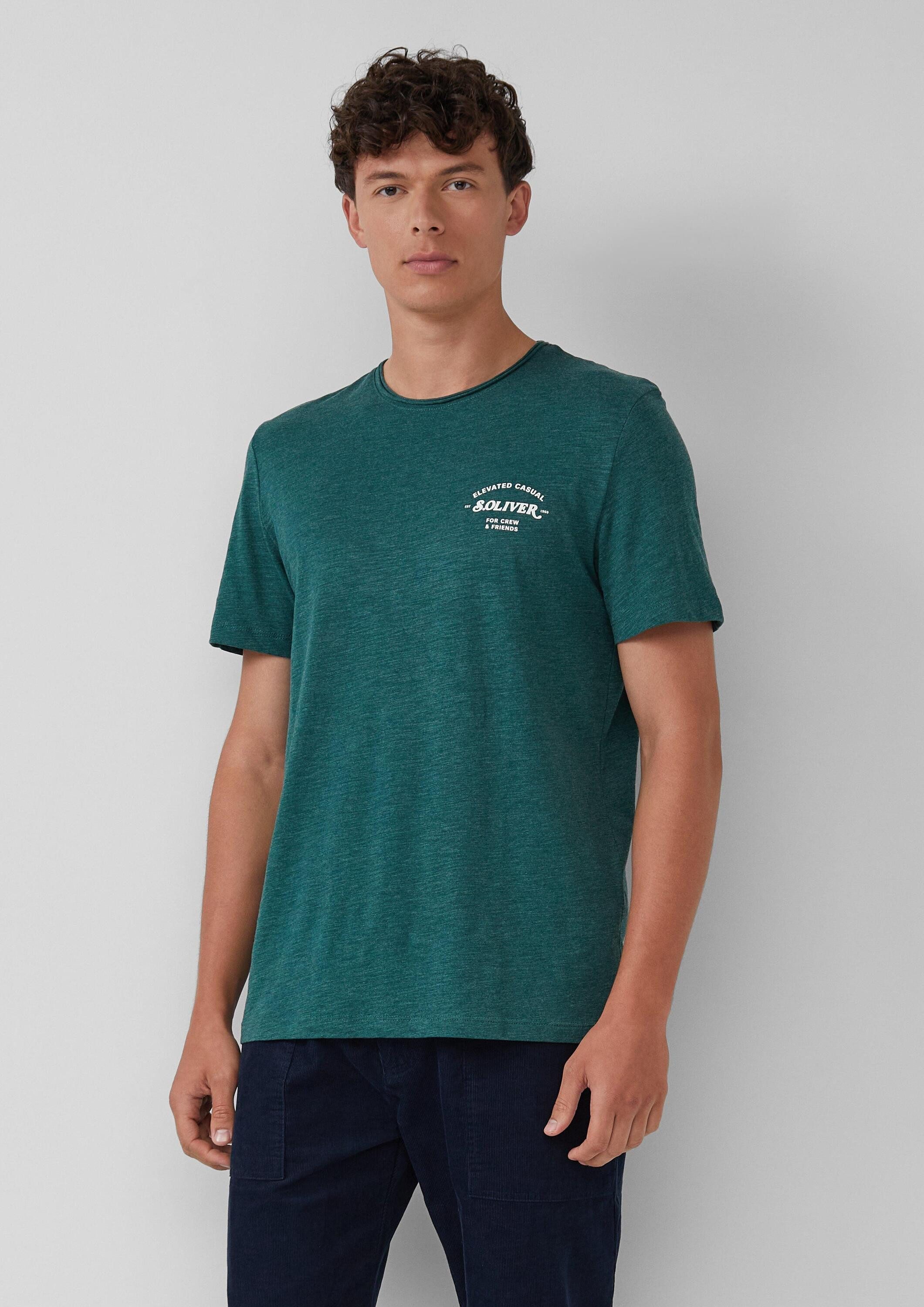 s.Oliver Kurzarmshirt T-Shirt Meliertes T-Shirt mit Rollkante und Frontprin günstig online kaufen