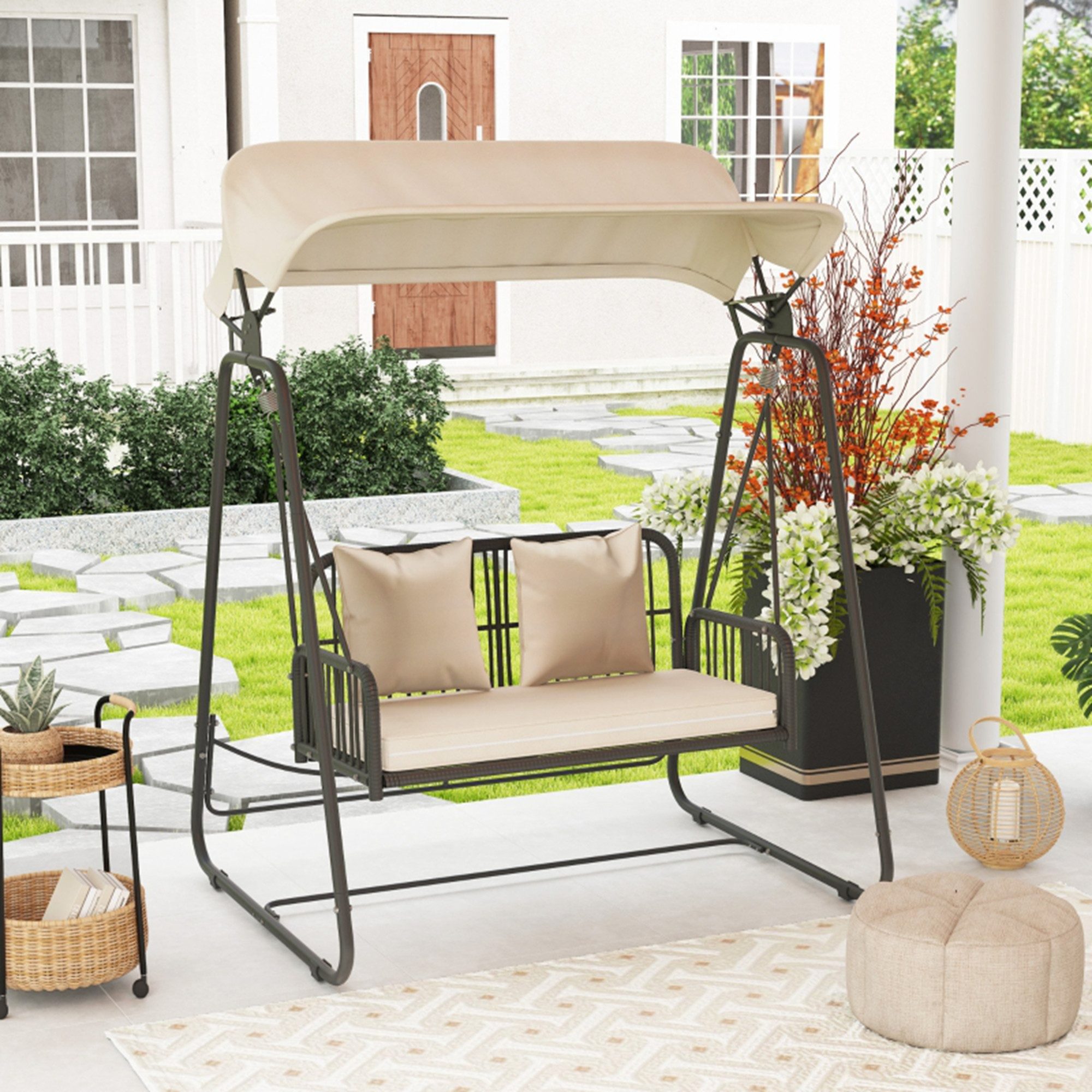 MC Star Hollywoodschaukel Rattan 2-Sitzer Gartenschaukel mit verstellbar Sonnendach Kisse, Kissen Hängebank bis 240 kg belastbar Hängeschaukel Schaukelbank