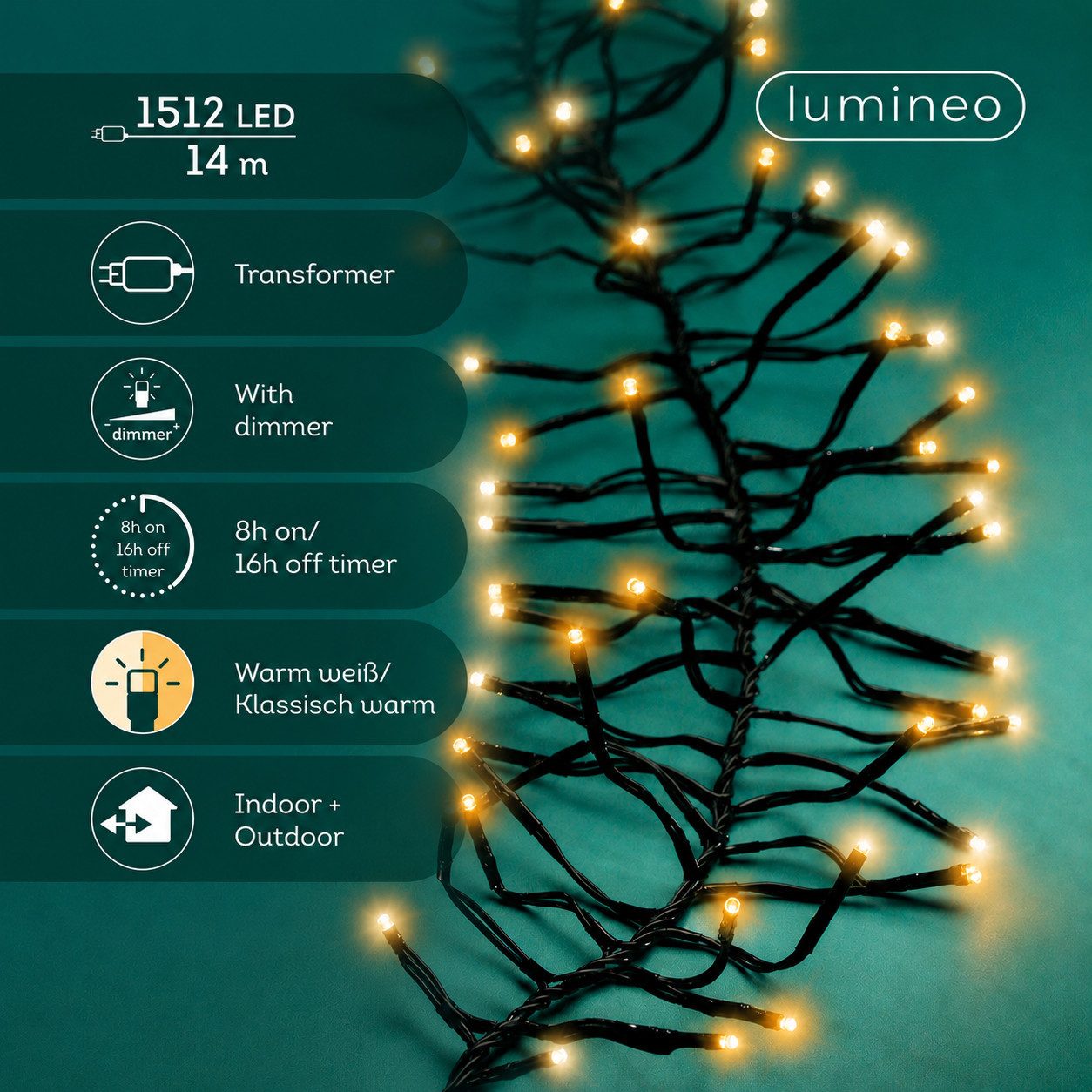Lumineo LED-Lichterkette Lumineo Lichterkette CLUSTER 1512 LED 14 m, warm weiß + klassisch warm, Dimmbar, 8h-Timer, Indoor/Outdoor, 2 Farben – Bild 2 von 5