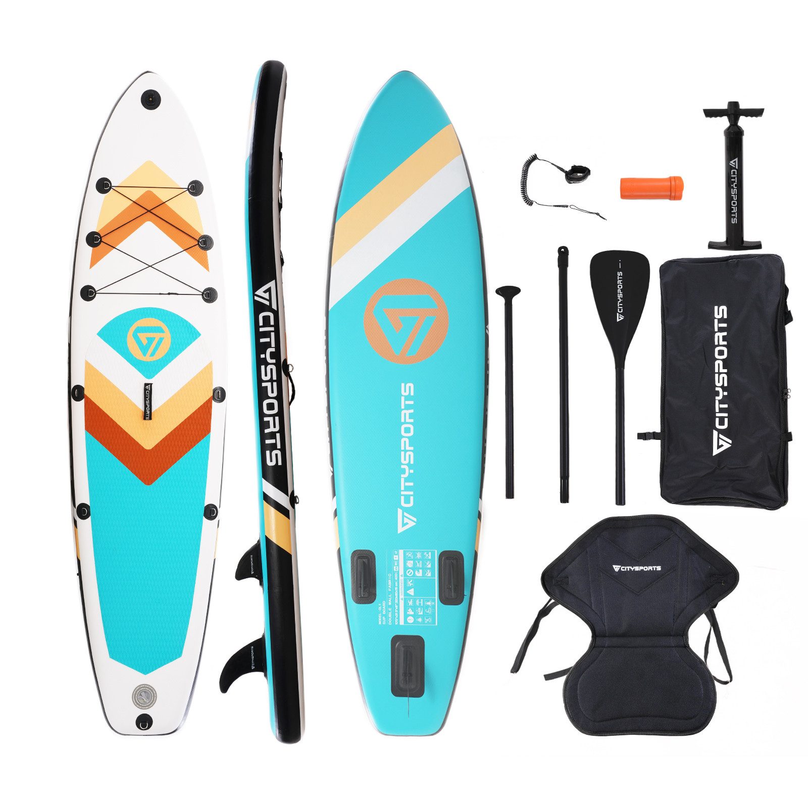 CITYSPORTS Inflatable SUP-Board aufblasbares Stand Up Paddle Board set bis 160/220 kg, Komplettset mit Paddel, Pumpe, Rucksack, Leash, Finnen & Kajak-Sitz