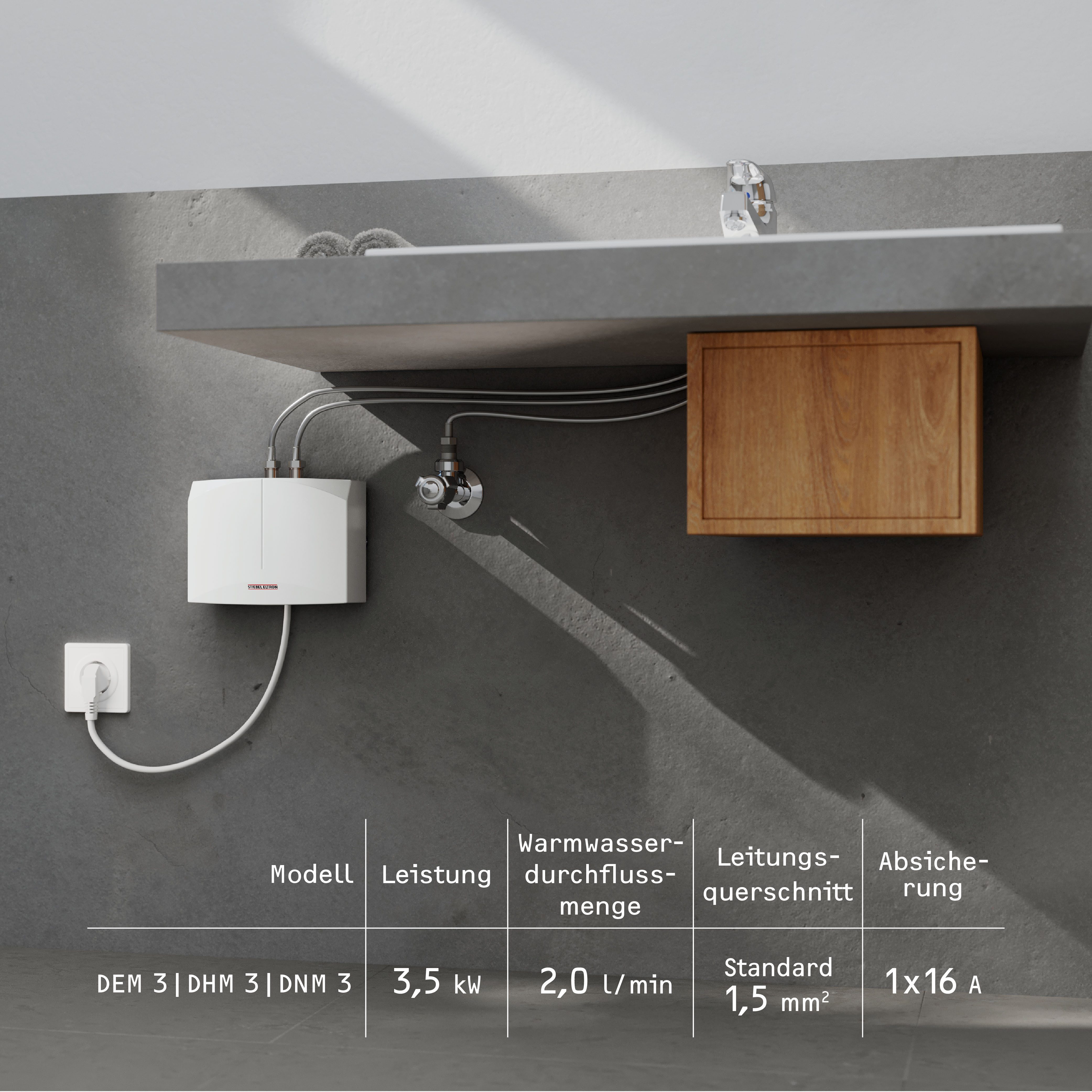 STIEBEL ELTRON Klein-Durchlauferhitzer DNM 3 + MAZ 2-Griff Armatur für Handwaschbecken, 3,5 kW, mit Stecker, hydraulisch, max. 38 °C, Set, hydraulisch, sofort handwarmes Wasser (ca. 35°C)