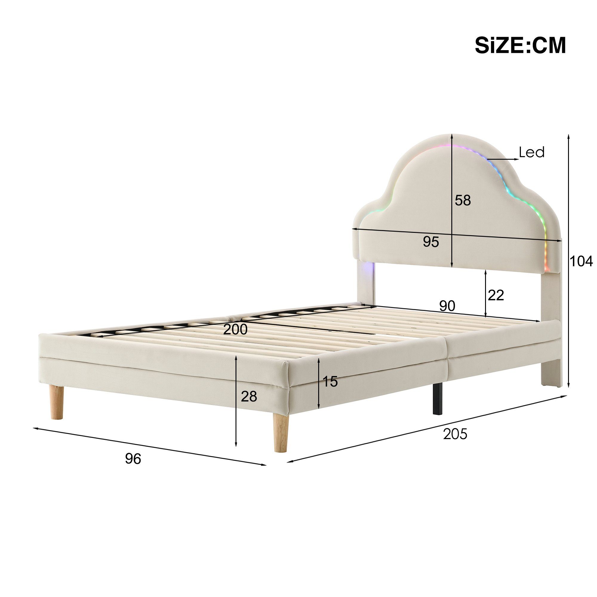 Flieks Polsterbett, LED Beleuchtung Kinderbett Einzelbett mit Wolkenform Kopfteil 90x200cm. Reduzierter Preis € 139,99. Unverbindliche Preisempfehlung € 309,99