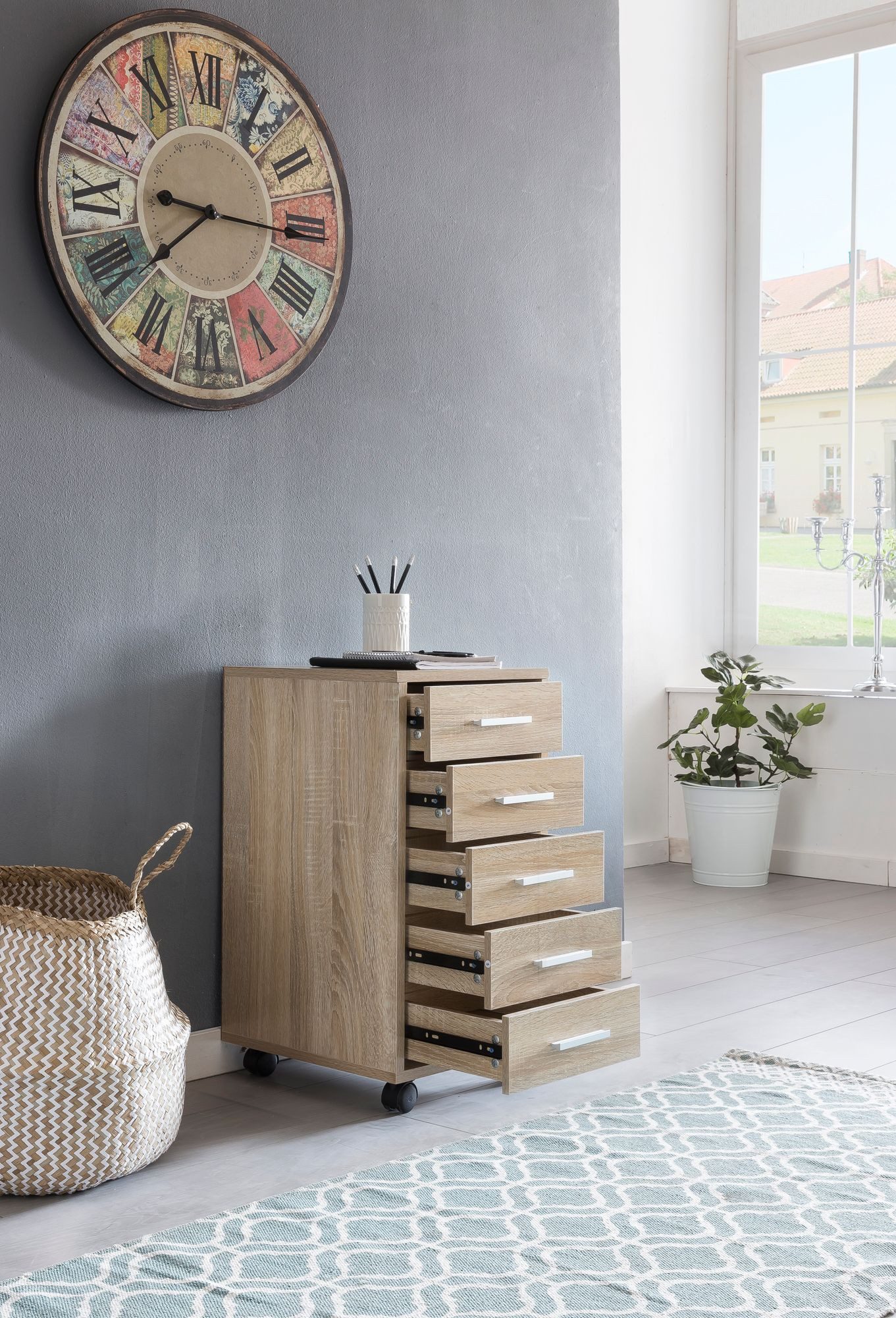 FINEBUY Rollcontainer Holz Rollen Standcontainer 33x63x38cm SuVa11683_1, (Schreibtischcontainer 33 x 63 x 38 cm Sonoma), Bürocontainer mit Rollen, Rollschrank 5 Schubladen