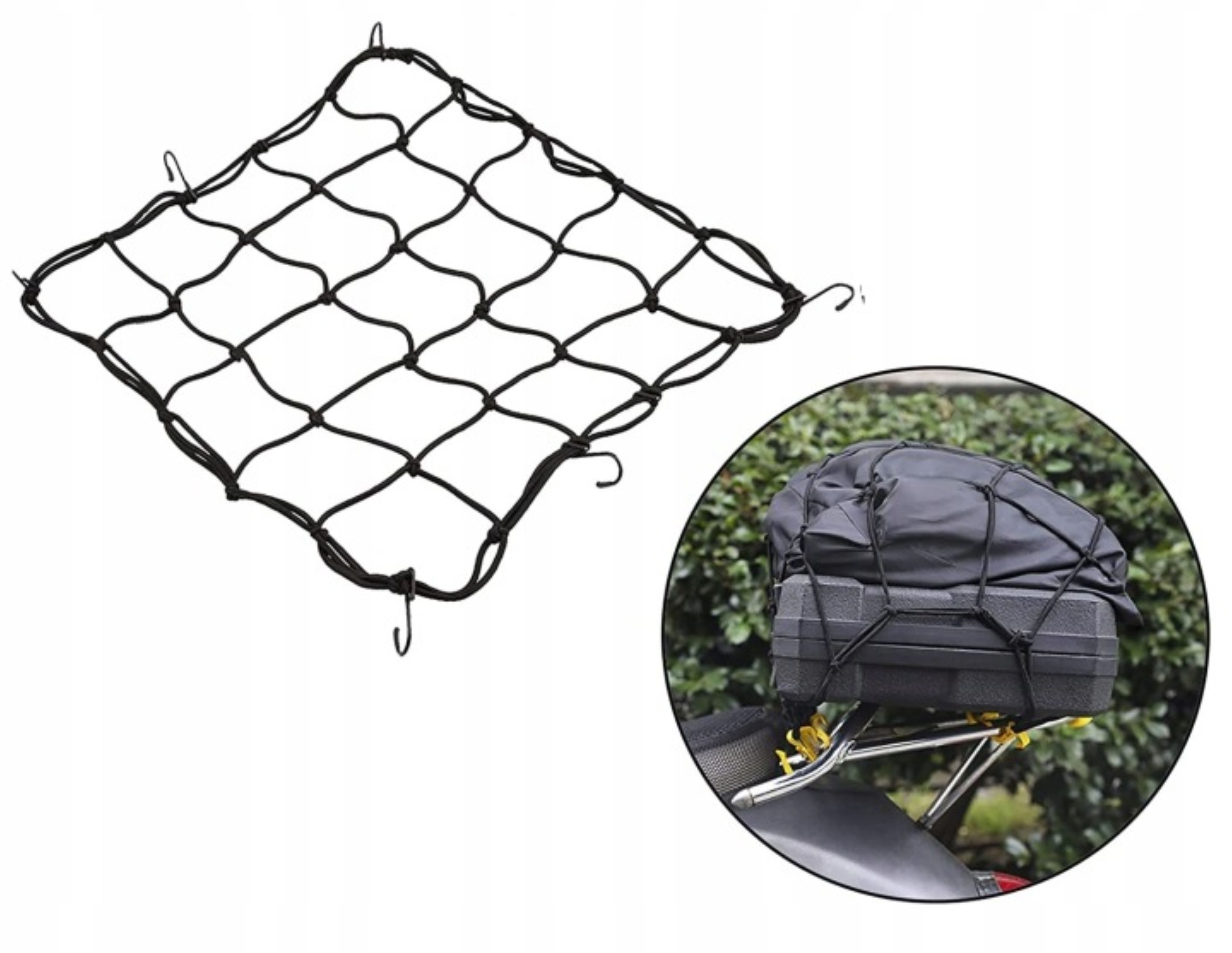 Festivalartikel Fahrrad-Gepäckträger Gepäcknetz Fahrrad Gepäckträger 30x30 cm Spanngummi mit 6 Haken (1-St)