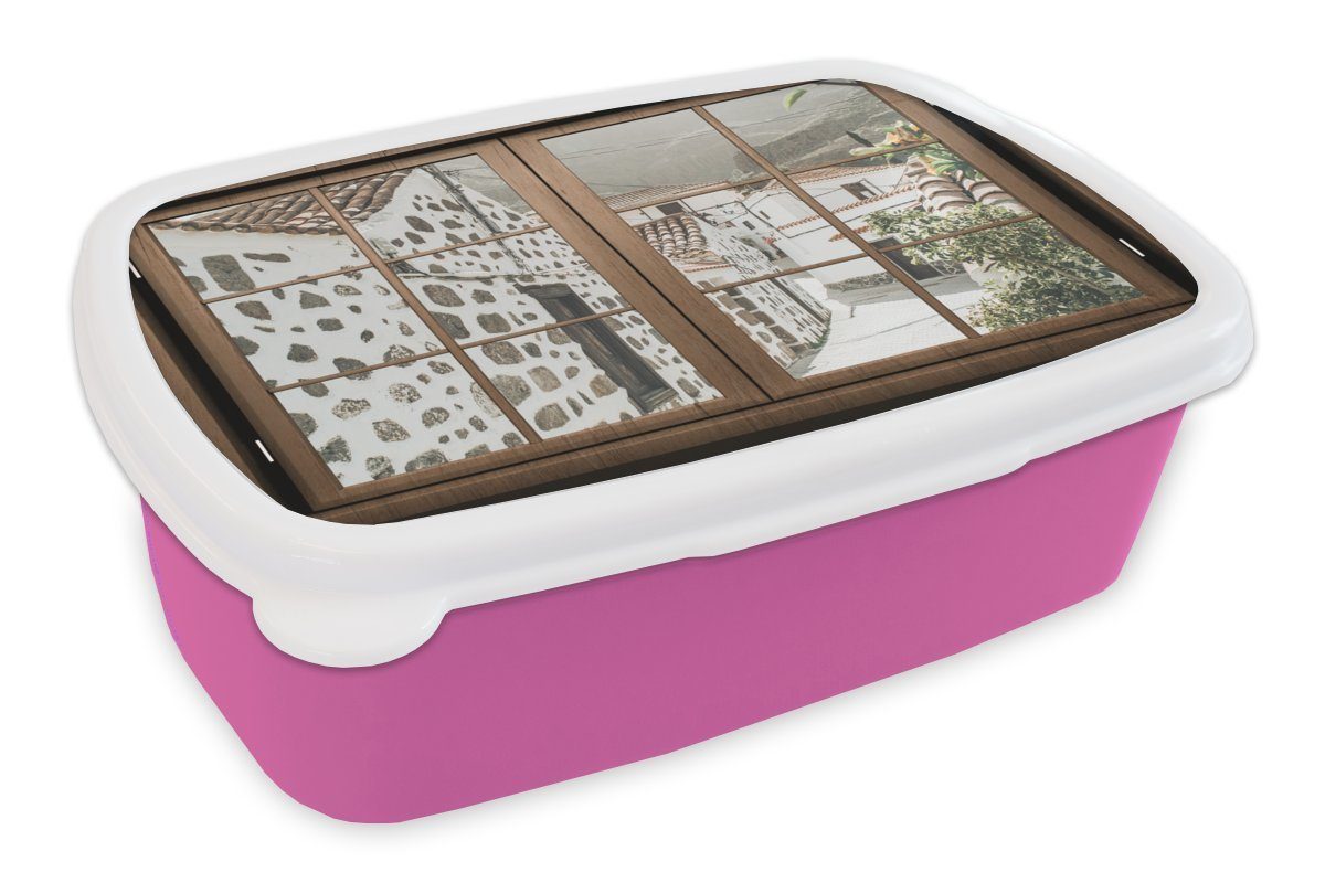 MuchoWow Erwachsene, Kinder, - rosa - Griechenland Brotbox Brotdose Durchschauen Lunchbox für Kunststoff, (2-tlg), Kunststoff Sommer, Mädchen, Snackbox,