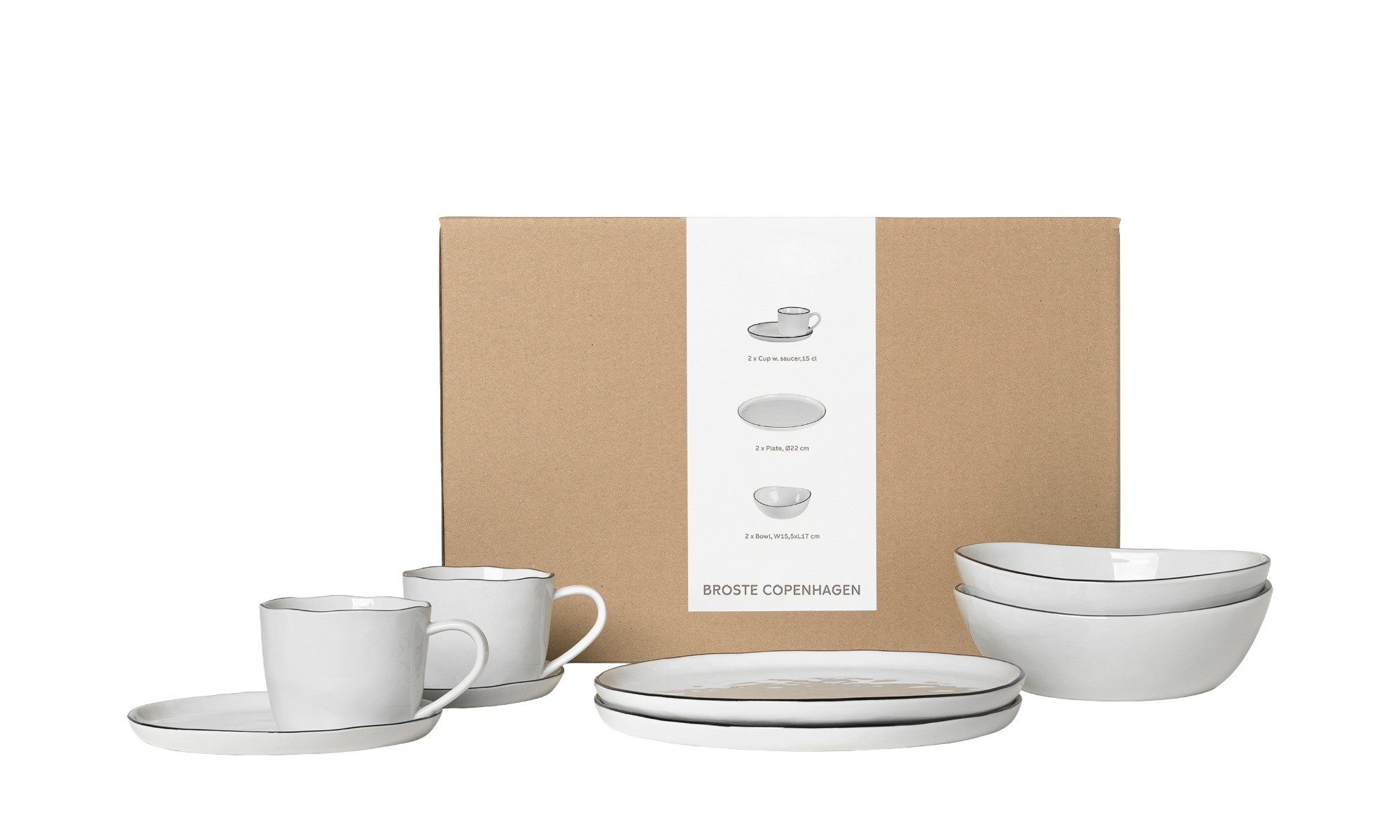 Broste Copenhagen Geschirr-Set Broste Copenhagen Salt Frühstücksset für zwei White w/Black Rim (6-tlg), 2 Personen, Porzellan