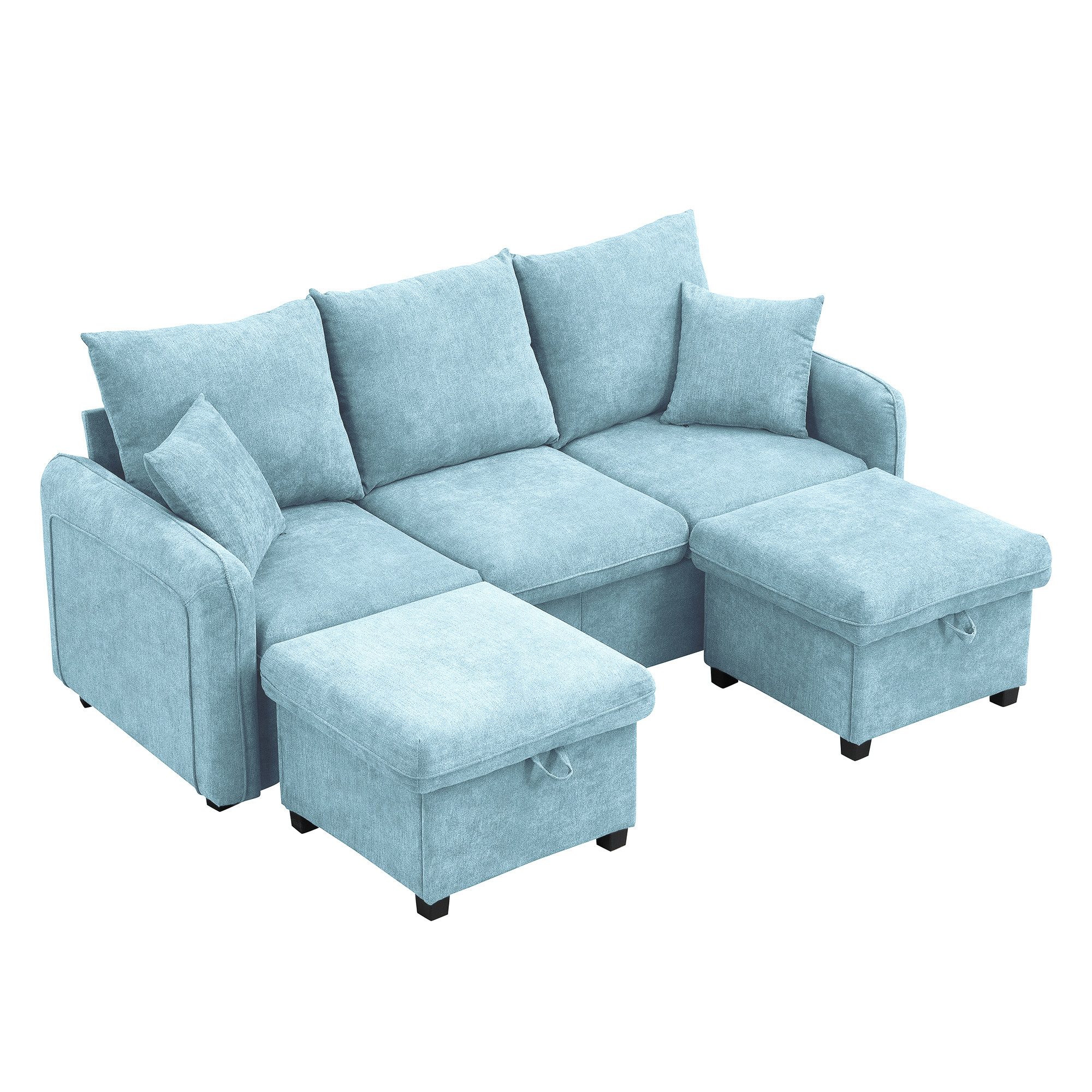 Merax Ecksofa U-förmiges Schlafsofa mit Staufunktion, Tagesbett Sofa Wohnzimmersofa aus Chenille-Bezug 1 Teile, 3-Sitzer-Ecksofa mit 2 Schubladen & 2 Hocker mit Stauraum, Polstersofa