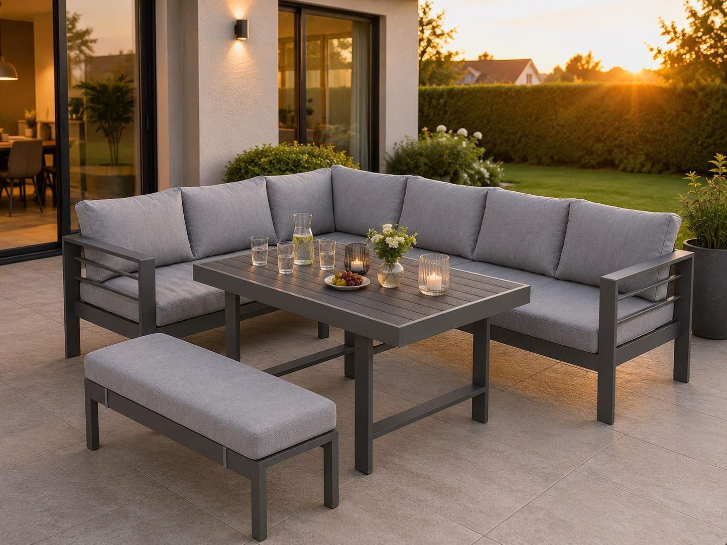 MeXo Gartenlounge-Set Aluminium Gartenmöbel Eck, (L-Form Sofa links, 5-tlg., XXL Terrassenmöbel Set mit Esstisch), Lounge Gartenmöbelset für 6-8 Personen