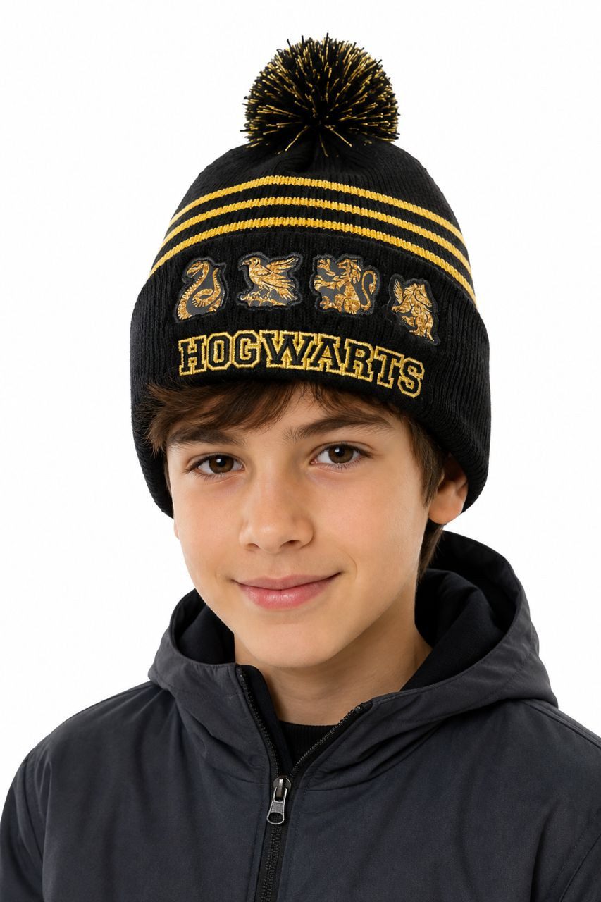 Harry Potter Strickmütze Harry Potter Hogwarts Pudelmütze Kinder Schwarz Weiß Gr. 54–56 Pudelmütze mit Bommel Harry Potter Jungen + Mädchen Wintermütze