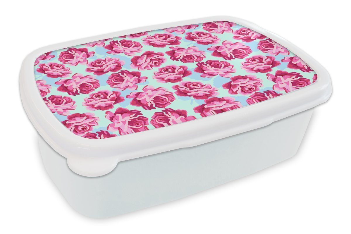 MuchoWow Lunchbox Blumen - Rosen - Muster, Kunststoff, (2-tlg), Brotbox für Kinder und Erwachsene, Brotdose, für Jungs und Mädchen weiß