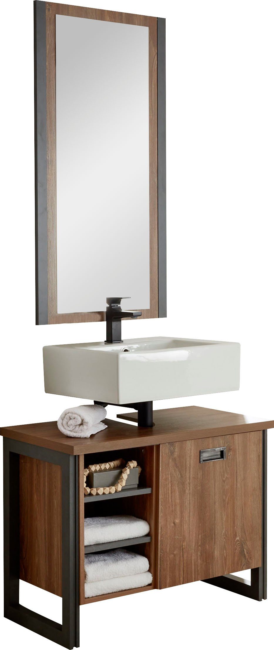 Home affaire Badmöbel-Set Detroit, Bad im Industrialdesign, 2-teiliges Badezimmer, (Set, 2-St), Waschbeckenunterschrank und Spiegel, holzfarben, mit offenen Fächern