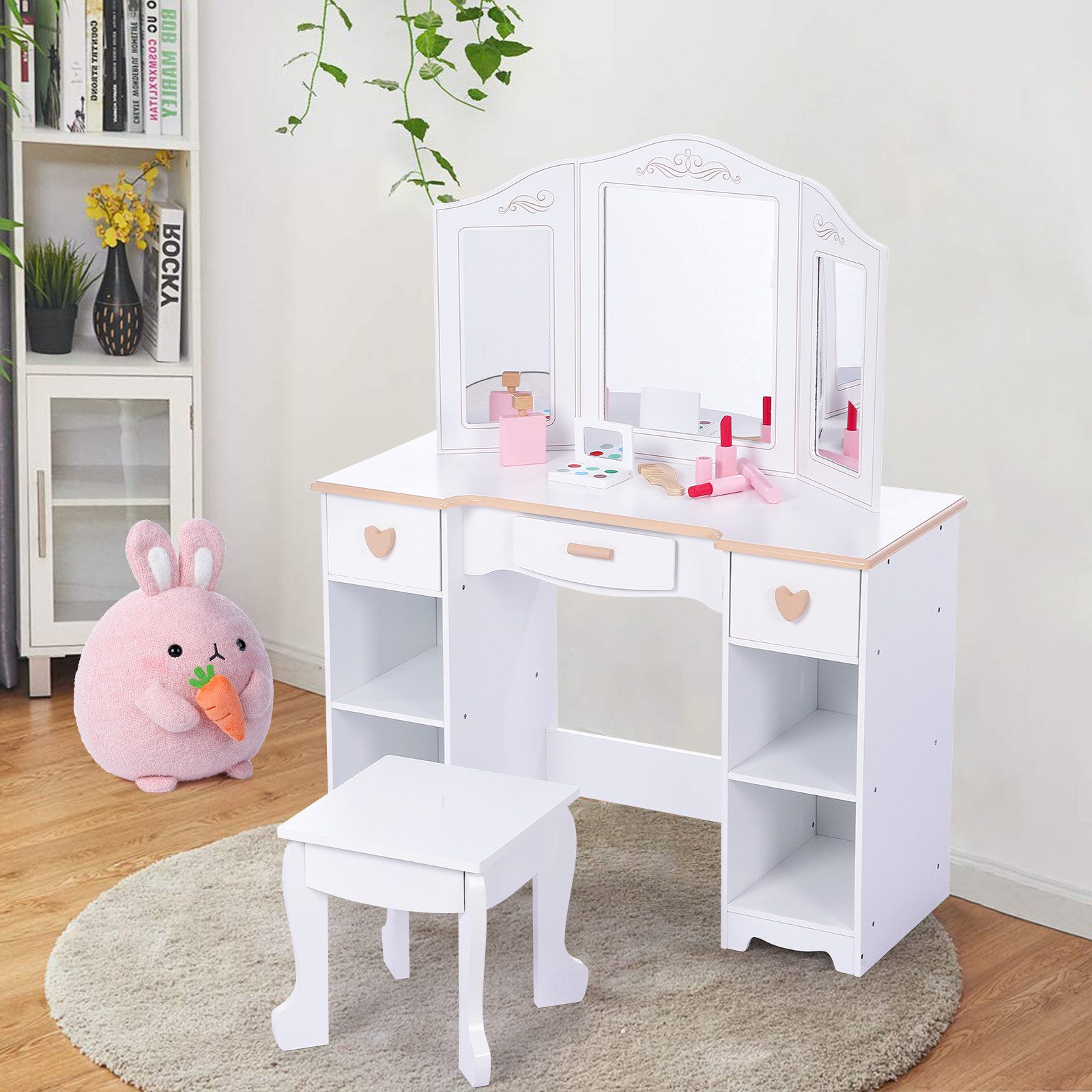 GarveeMore Schminktisch mit Hocker & Spiegel & Schubladen & Aufbewahrungsfach für Kinder, abgerundete Ecken, für Schlafzimmer, Kinderzimmer
