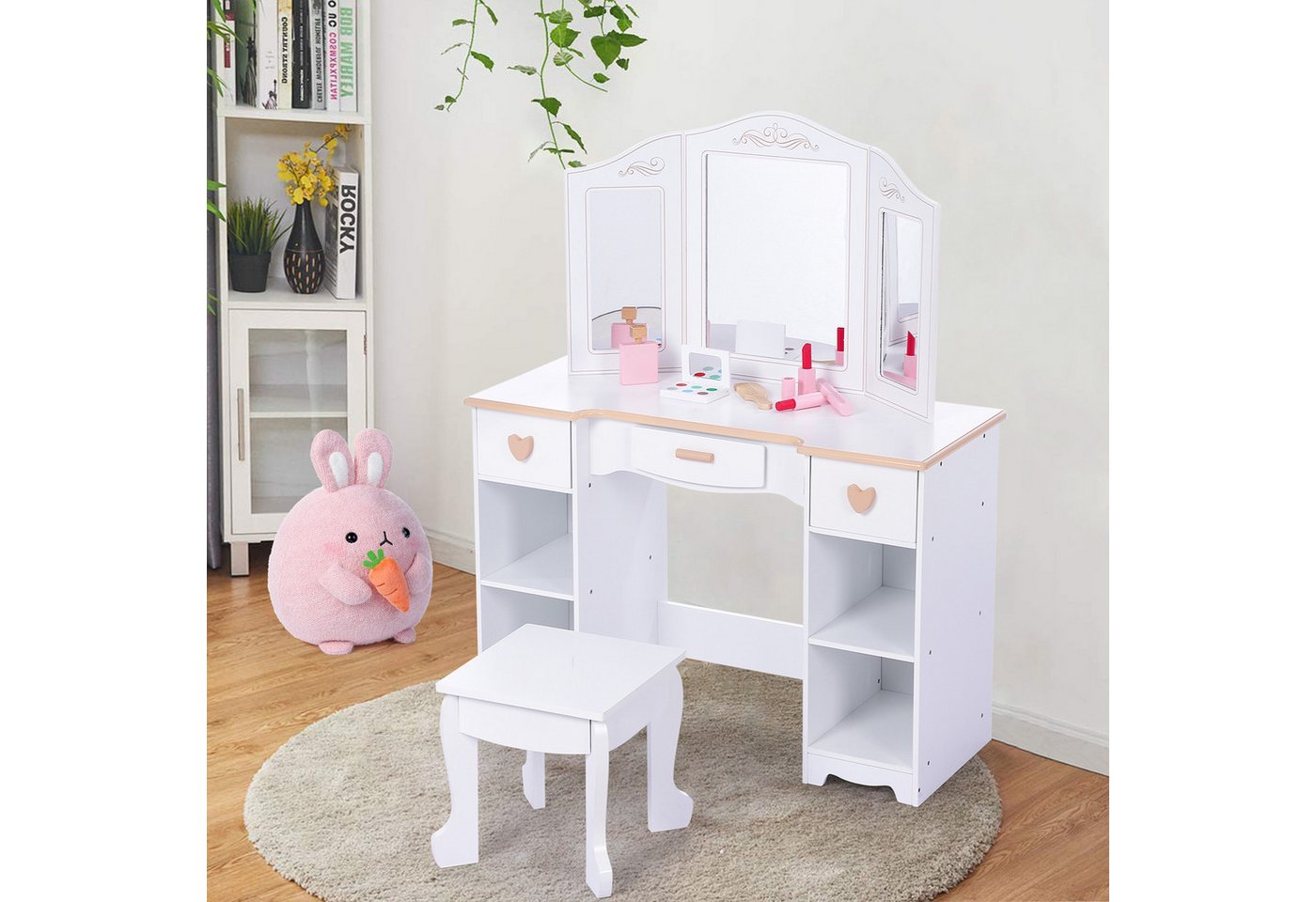 GarveeMore Schminktisch mit Hocker & Spiegel & Schubladen & Aufbewahrungsfach für Kinder, abgerundete Ecken, für Schlafzimmer, Kinderzimmer