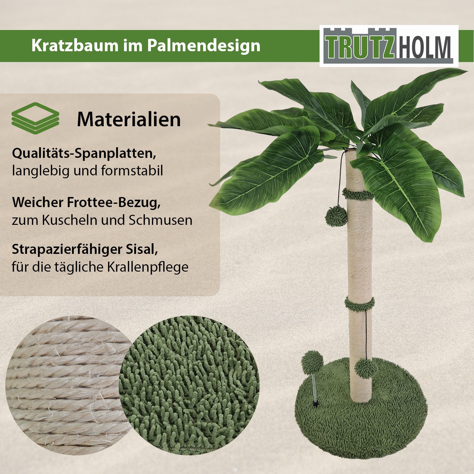 TRUTZHOLM Kratzbaum Palme 85 cm Höhe mit Frottee & Sisal Kratzsäule zum Kratzen Spielen, Design