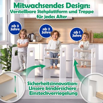 CADANI Stehhilfe Lernturm Jasper Küchenhelfer für Kinder Weiß (mit Anti Kipp Schutz), ab 1. Jahr Massivholz bis 50 kg belastbar Höhenverstellbar Made in EU