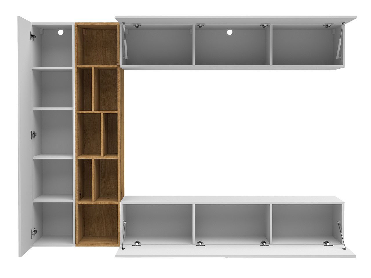 MIRJAN24 Wohnwand Kodita, (Komplett-Set, Weiß 224x33x160 Wohnzimmer-Set, + Hängeschrank, Praktisch Eiche cm Artisan 3x Regal)