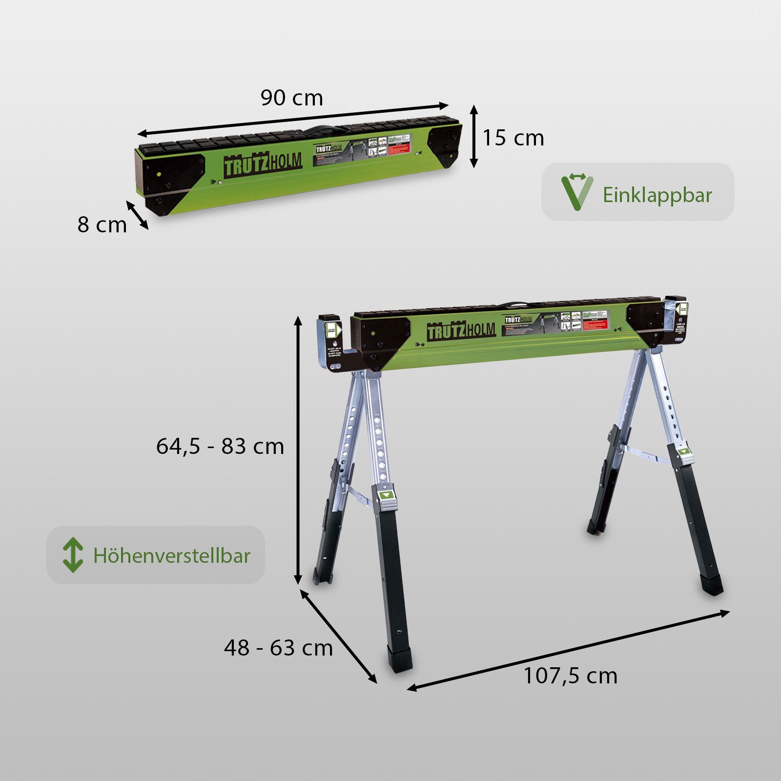 TRUTZHOLM Sägebock 2x Stahl Sägebock Arbeitsbock höhenverstellbar bis 1300kg klappbar, 650 kg max. Belastbarkeit, (Set, 2-St), stabil