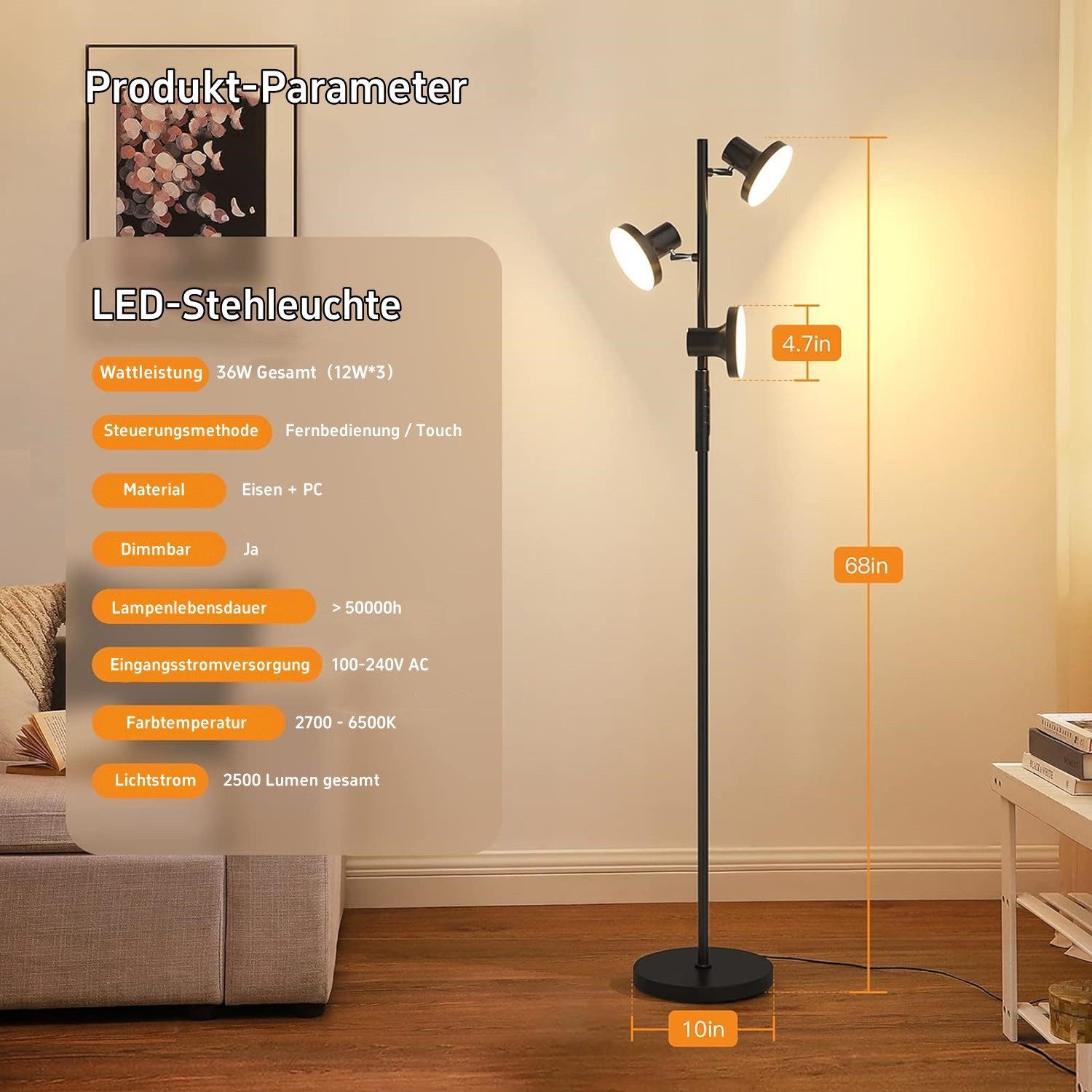 Novostella LED Stehlampe 36W 3 Köpfen LED Stehleuchte Sofalamp 1,75m Stehlampe, LED fest integriert, Tageslichtweiß, Warmweiß, LED Stehlampe