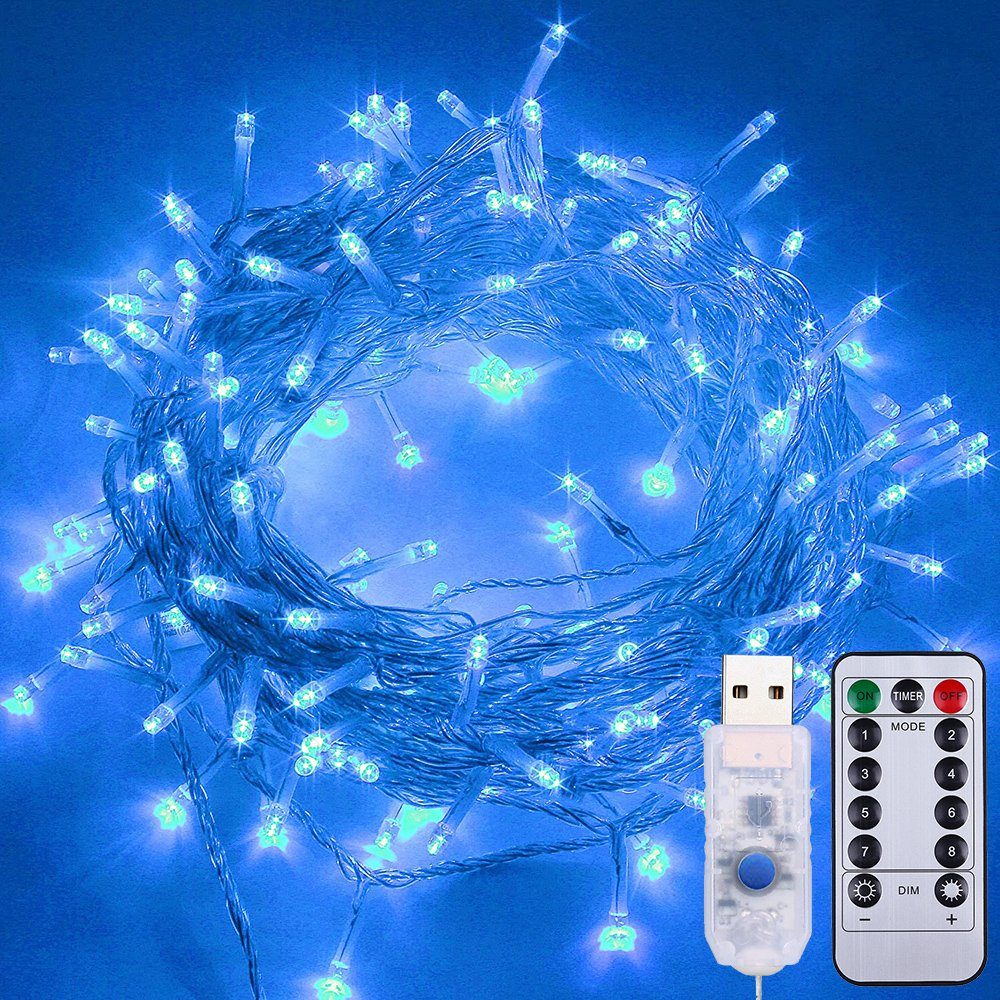 Rosnek LED-Lichterkette 7/12M, Weihnachten 8 Blau dimmbar, wasserdicht, Modi, Timer; für Korridor USB, Fernbedienung;Geburtstag Hochzeit Terrasse