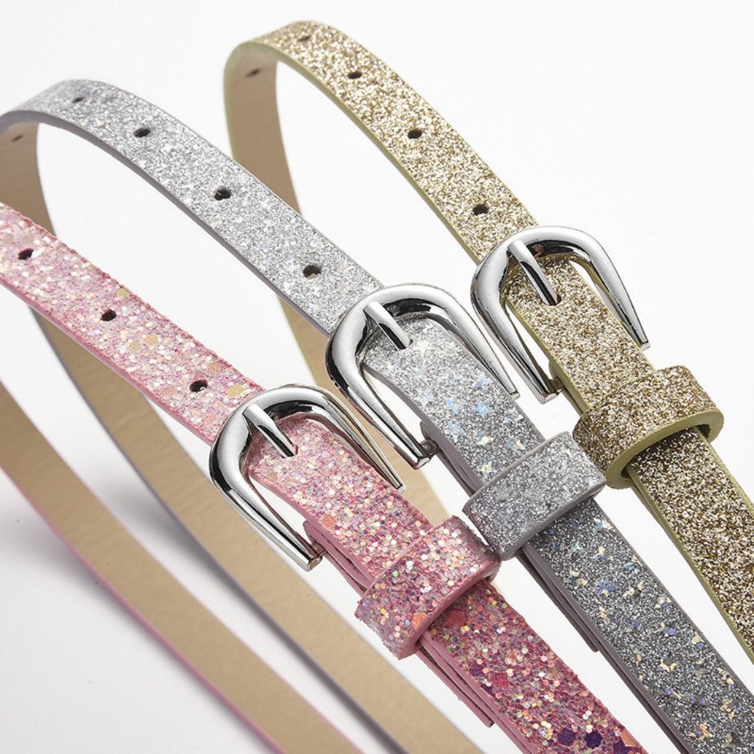 nsihing Taillengürtel Kinder Skinny Gürtel Glitter für Mädchen Bunte Mädchen Verstellbarer Gürtel mit Goldschnalle für Jeans Kleid