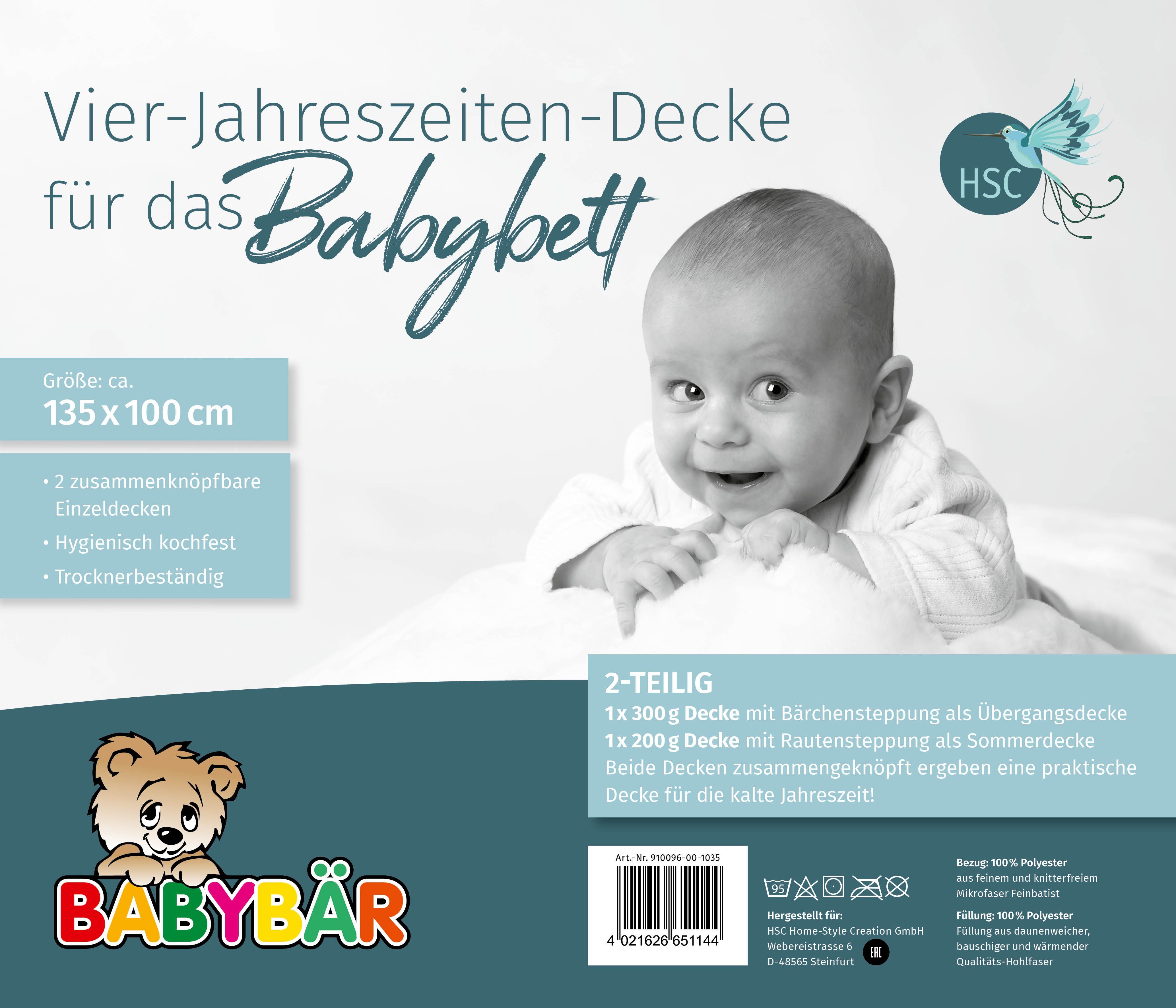 Babybettdecke, Baby Vierjahreszeitenbettdecke 2-teilig, HSC Home-Style-Creation GmbH, Füllung: 100% Polyester, Bezug: 100% Polyester, für ein angenehmes Schlafklima, atmungsaktiv und wärmeausgleichend.