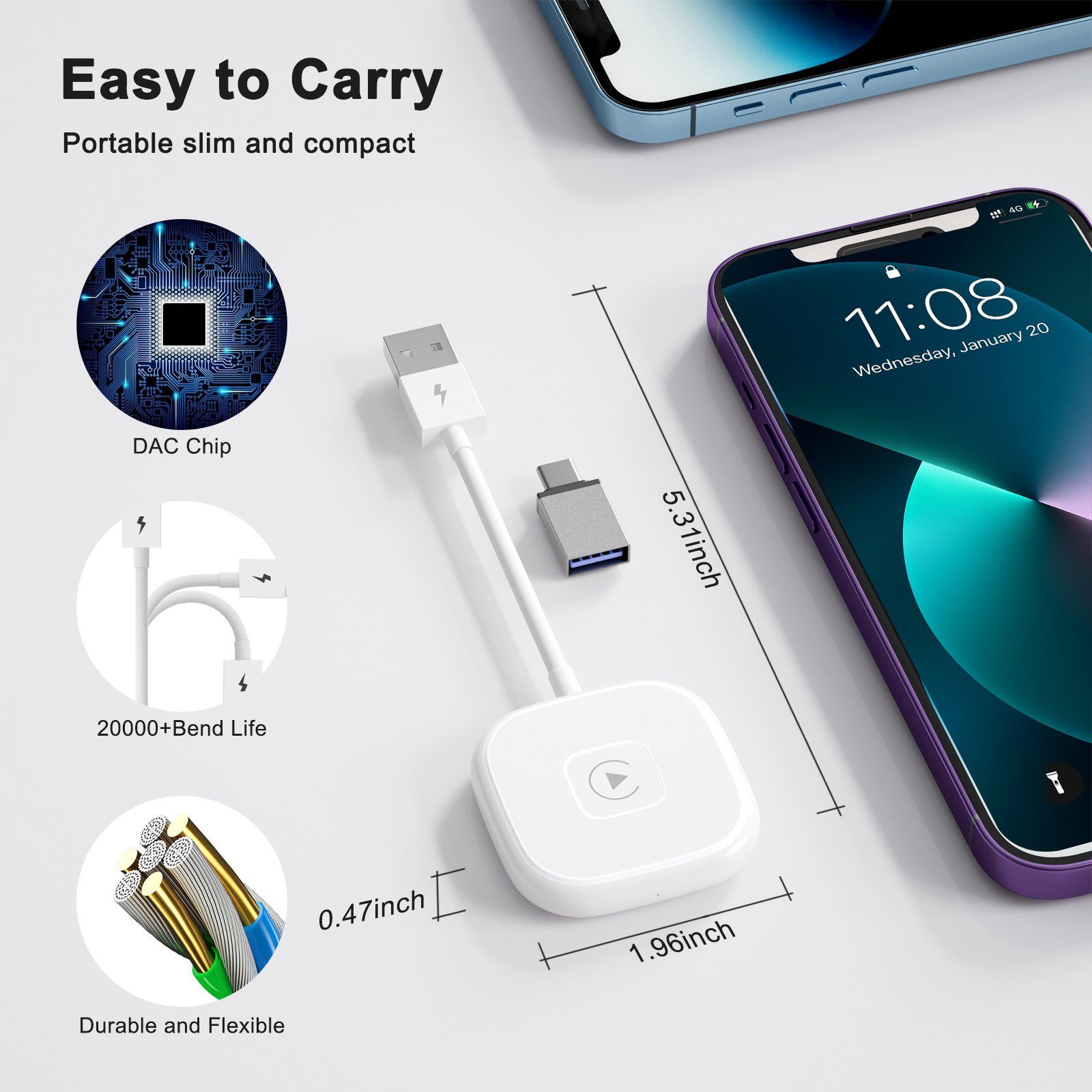 Bolwins C61C Wireless Carplay Adapter Dongle USB-C Adapter Auto System Radios Auto-Adapter USB-A / USB-C Stecker zu Apple CarPlay Adapter, 14,5 cm, Kabellos CarPlay, Plug & Play, für iPhone iOS