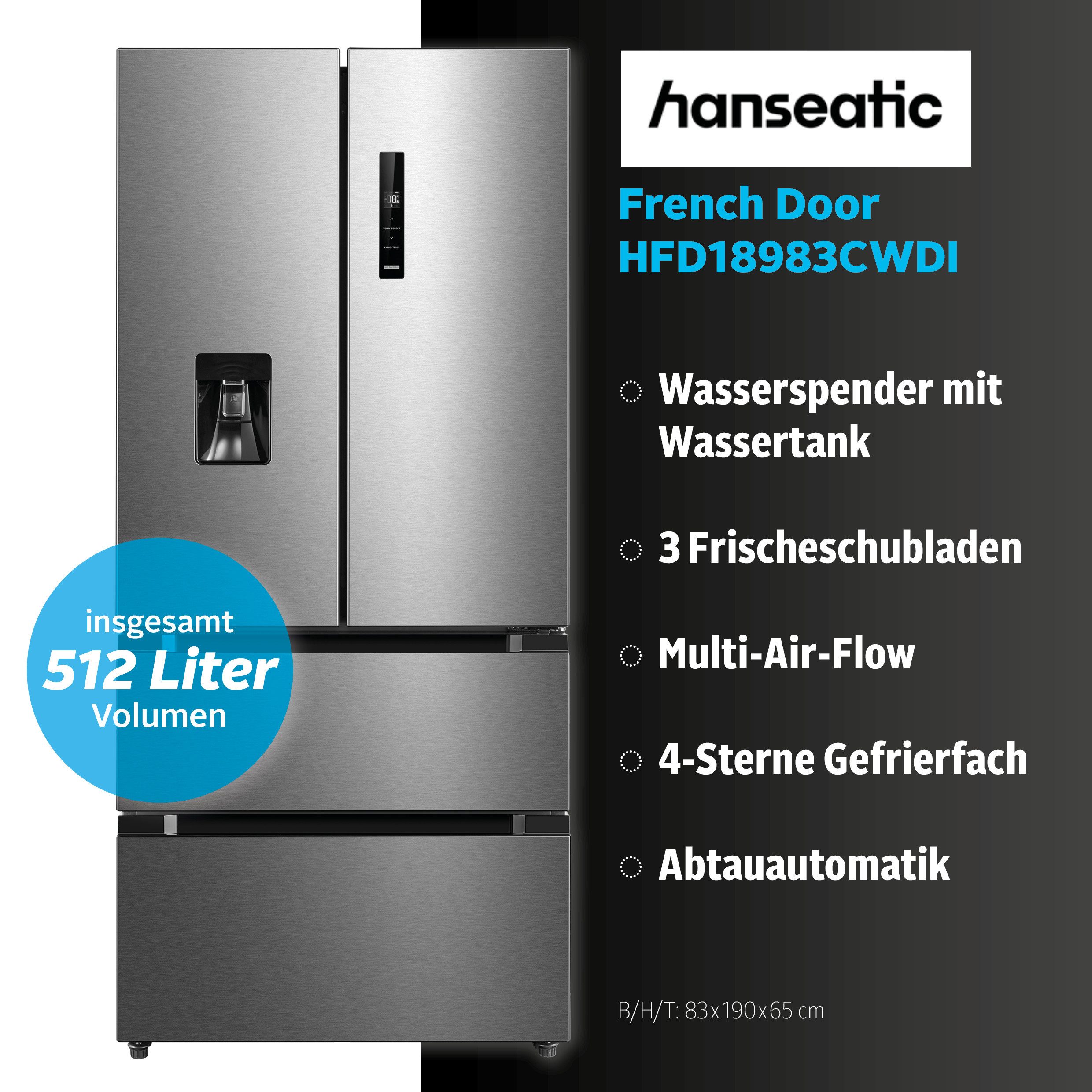 Hanseatic French Door HFD18983CWDI, 190 cm hoch, 83 cm breit, Wasserspender mit Wassertank