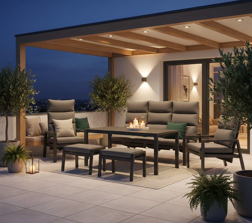 MANDALIKA Garden Gartenlounge-Set Business Class für den Garten XL Dining Lounge Set Sundown Aluminium