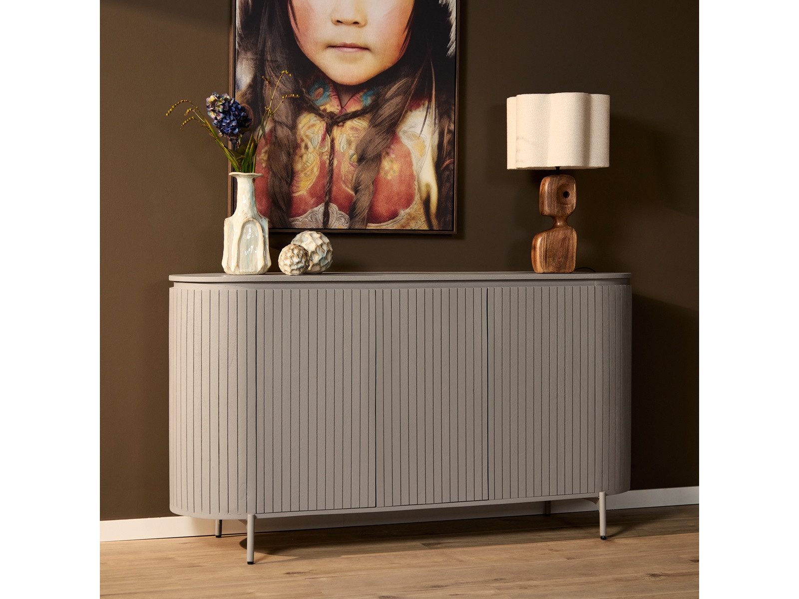 Villa Möbel Sideboard (Packung, 1 St., 1 St. Sideboard), Mangoholz Taupe Lamellenfront, Stauraum und Metallgestell