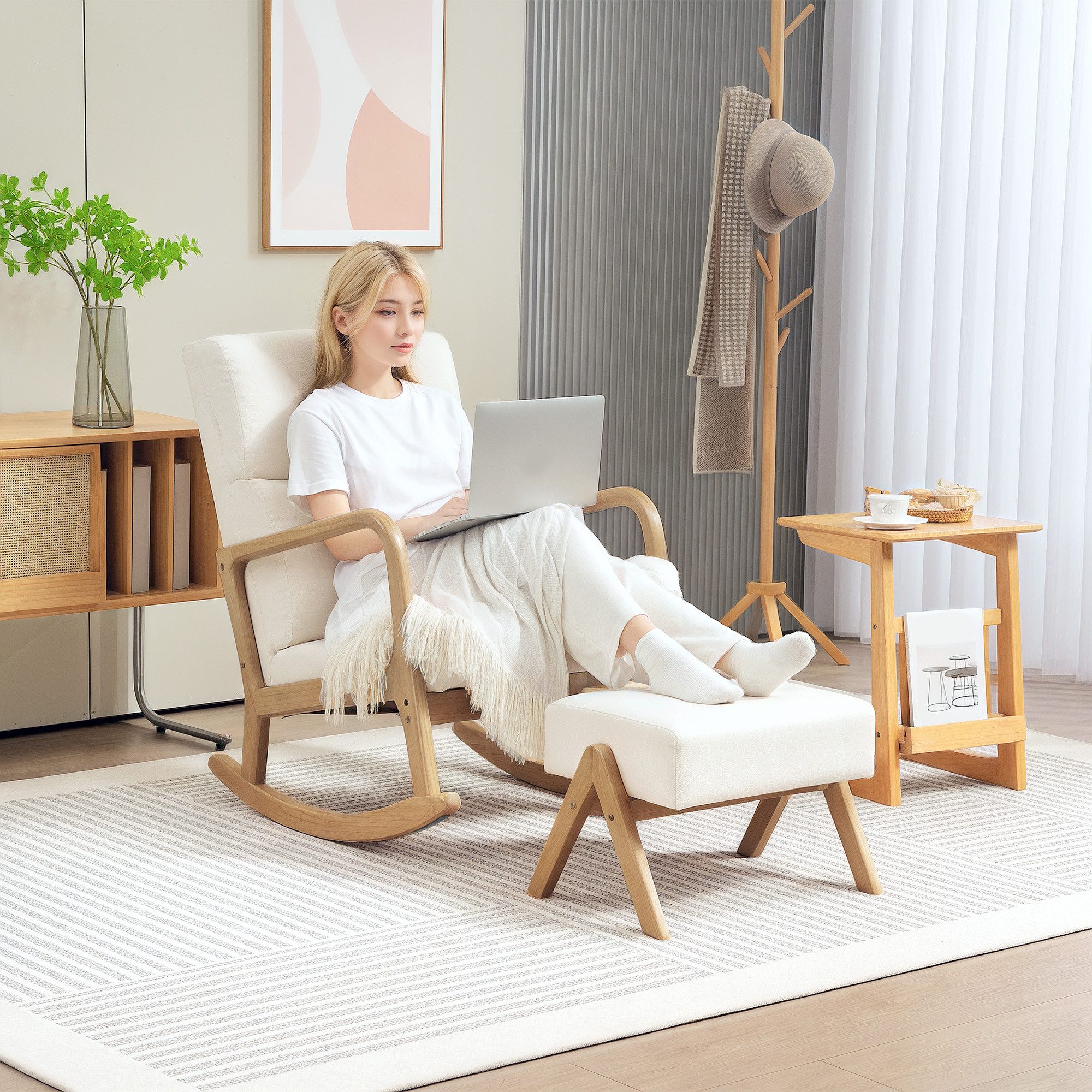 HOMCOM Schaukelsessel Schaukelstuhl mit Hocker und Leinenoptik, Polstersessel (Relaxsessel, 2-St., Schwingsessel), für Schlafzimmer, Wohnzimmer, bis 150 kg belastbar, Cremeweiß