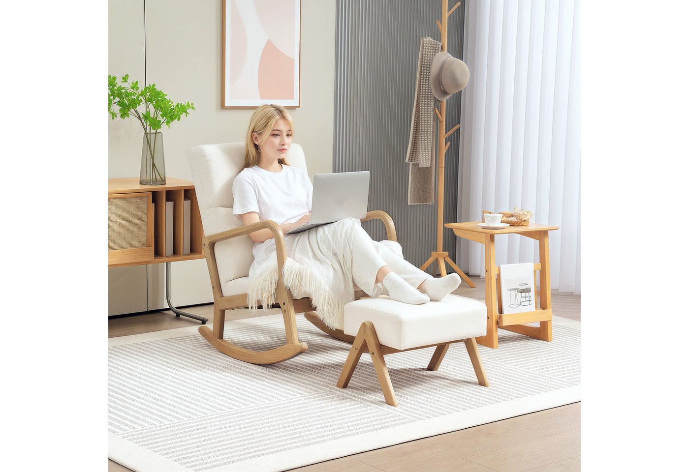 HOMCOM Schaukelsessel Schaukelstuhl mit Hocker und Leinenoptik, Polstersessel (Relaxsessel, 2-St., Schwingsessel), für Schlafzimmer, Wohnzimmer, bis 150 kg belastbar, Cremeweiß