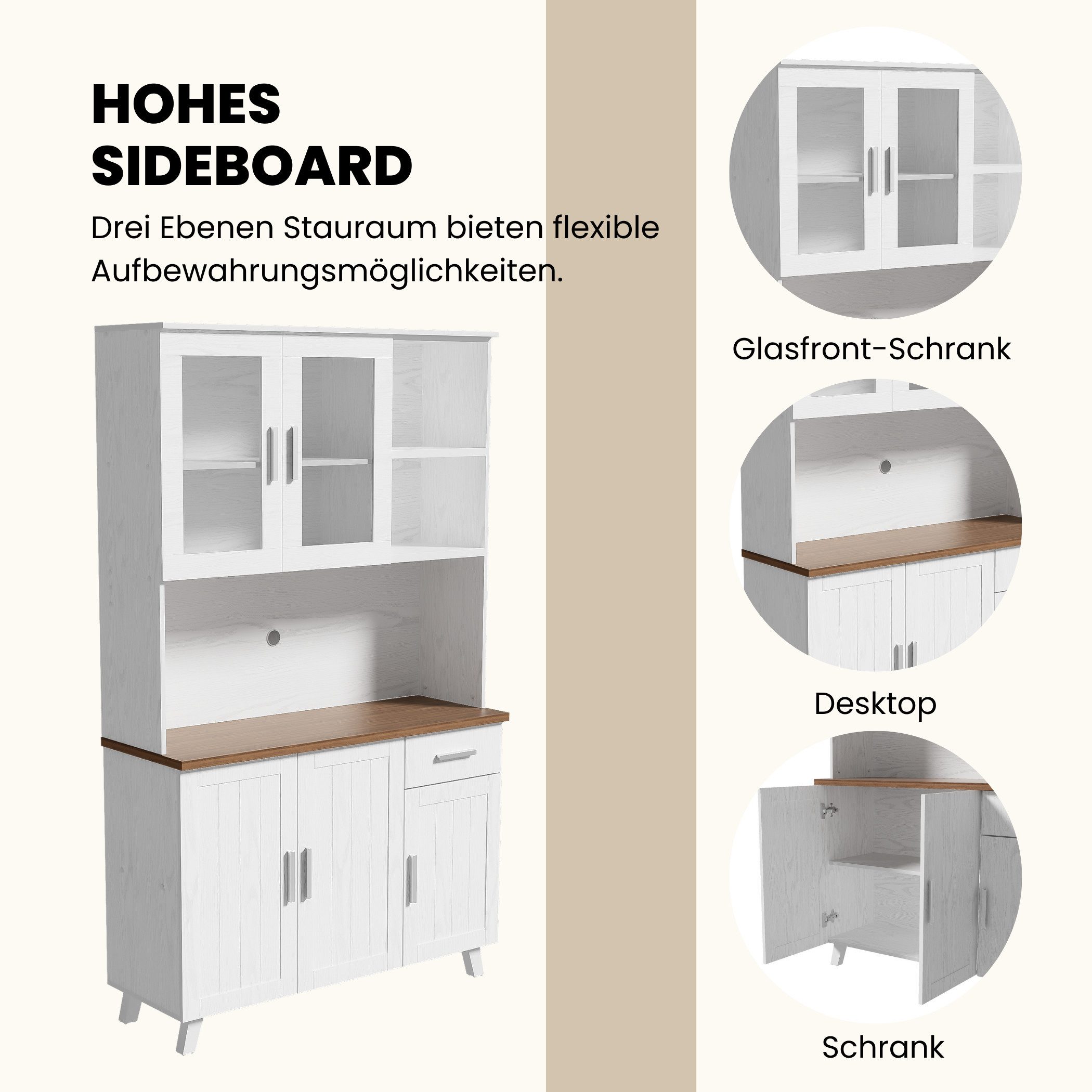 SeedWave Anrichte Hoher Küchenschrank mit Verschiedene Aufbewahrungsräume 114x40x190 cm, Küchenbuffet mit Holzmaserung und Silberner Griff