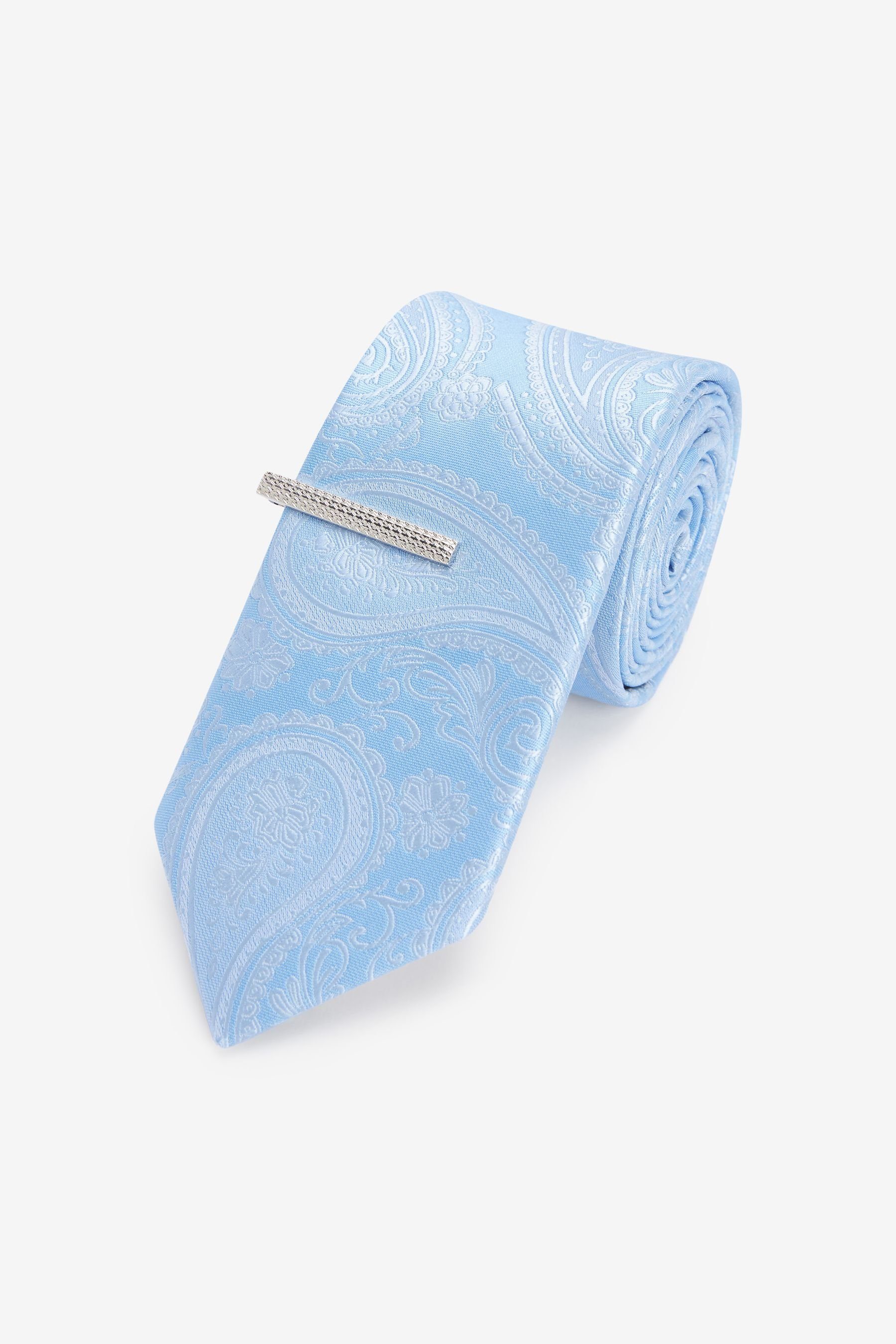 Next Krawatte Gemusterte Krawatte mit Krawattenklammer, Slim (2-St) Light Blue Paisley