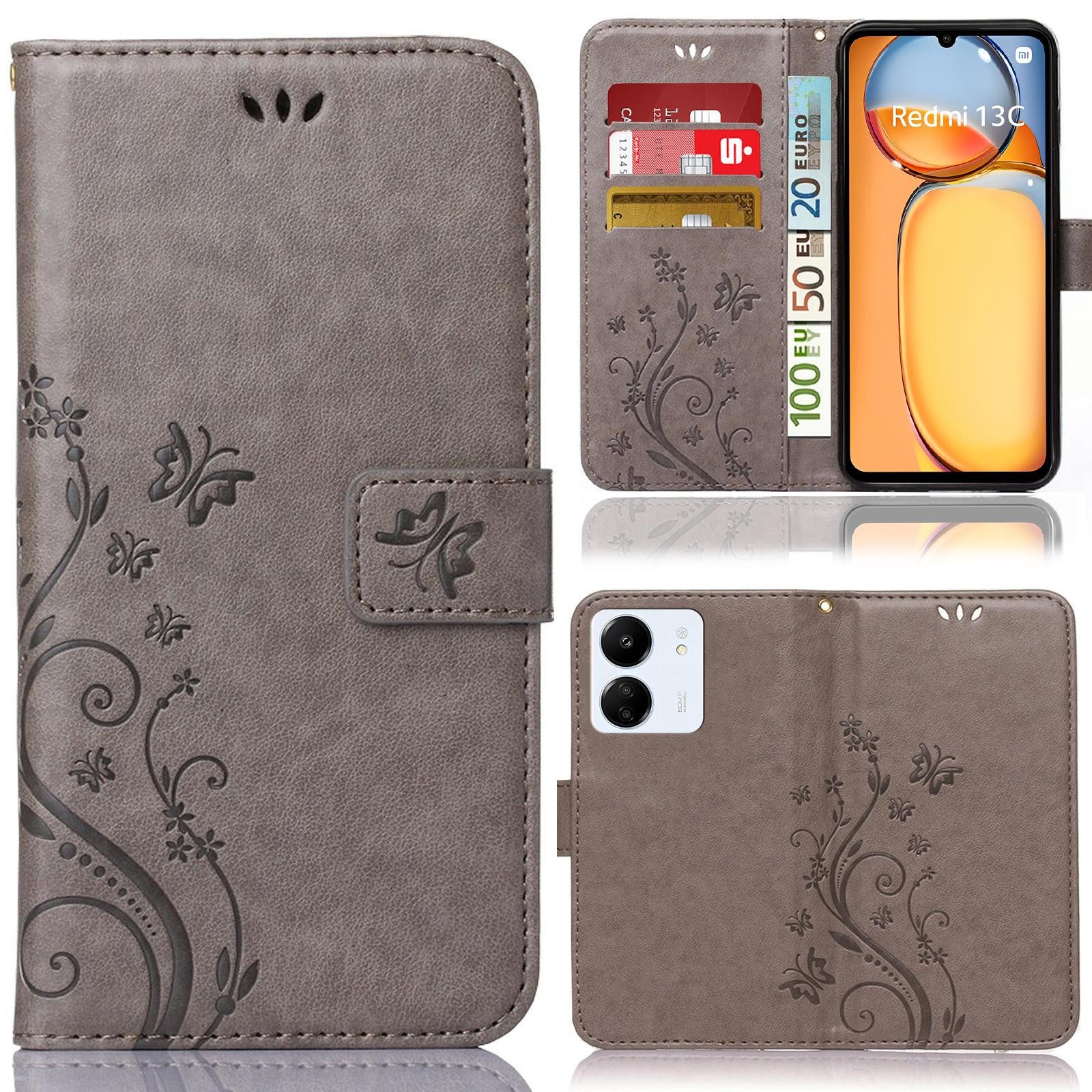 Numerva Handyhülle Bookstyle Flower für Xiaomi Redmi 13C, Handy Tasche Schutzhülle Klapphülle Flip Cover mit Blumenmuster