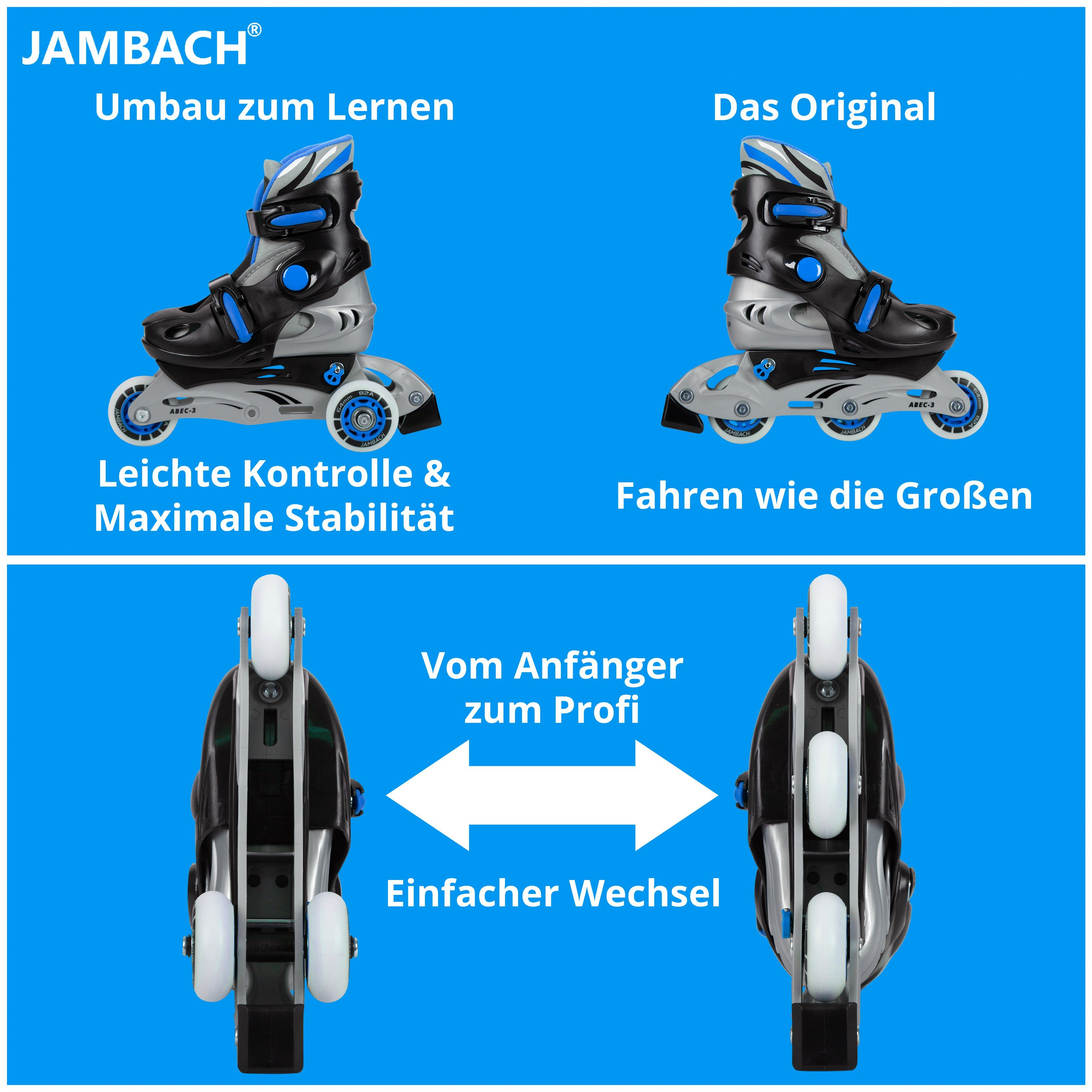 Inliner, JAMBACH Rucksack), Set blinkende Protektoren, Größe (Set, Helm, Einsteiger Inlineskates, blau Rolle verstellbare
