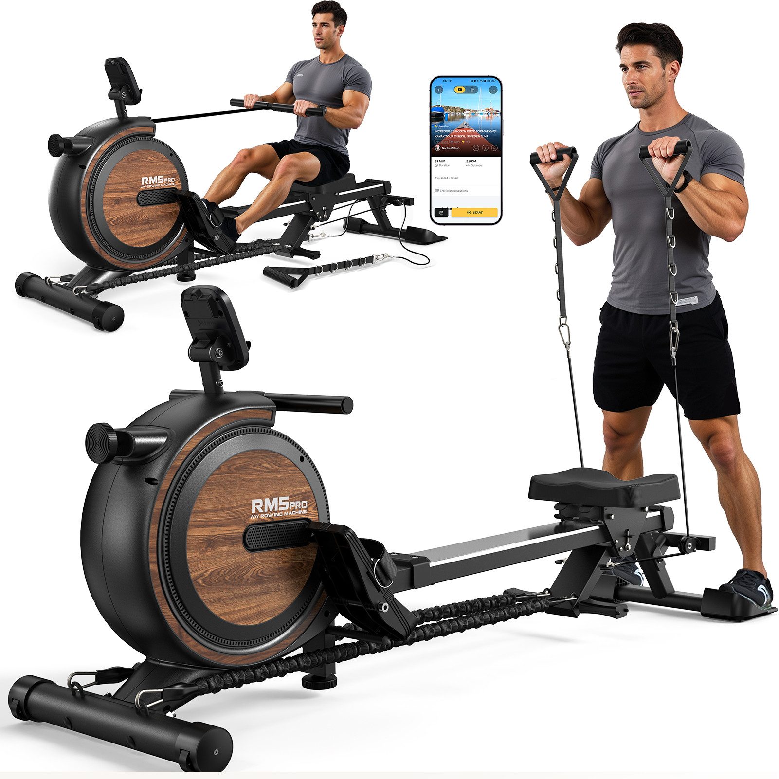 VOWVIT Rudergerät mit Magnetwiderstand und Bluetooth, bis 160 kg belastbar (1-tlg), Heim- & Innenrudergerät mit Tablet-Halterung